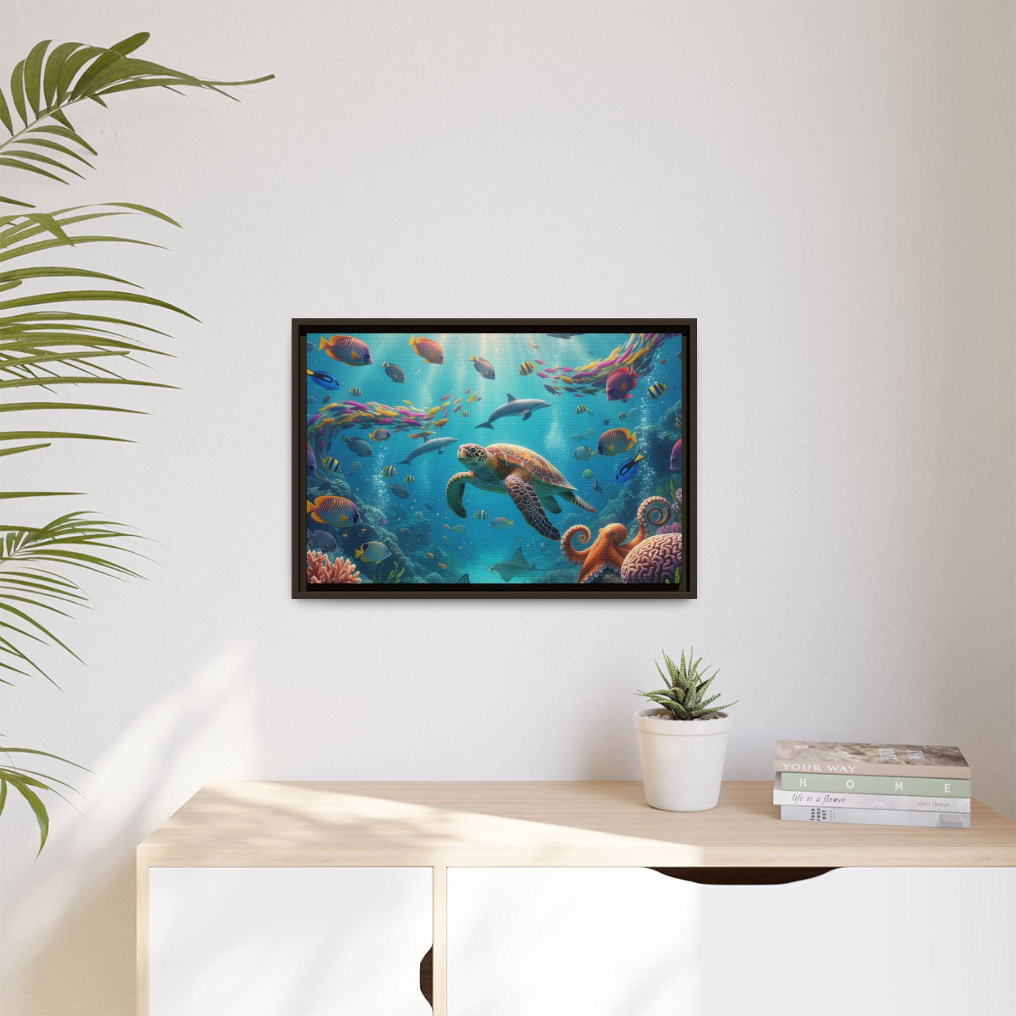 Framed Ocean Life Canvas — Colorful Sea Turtle Wall Art