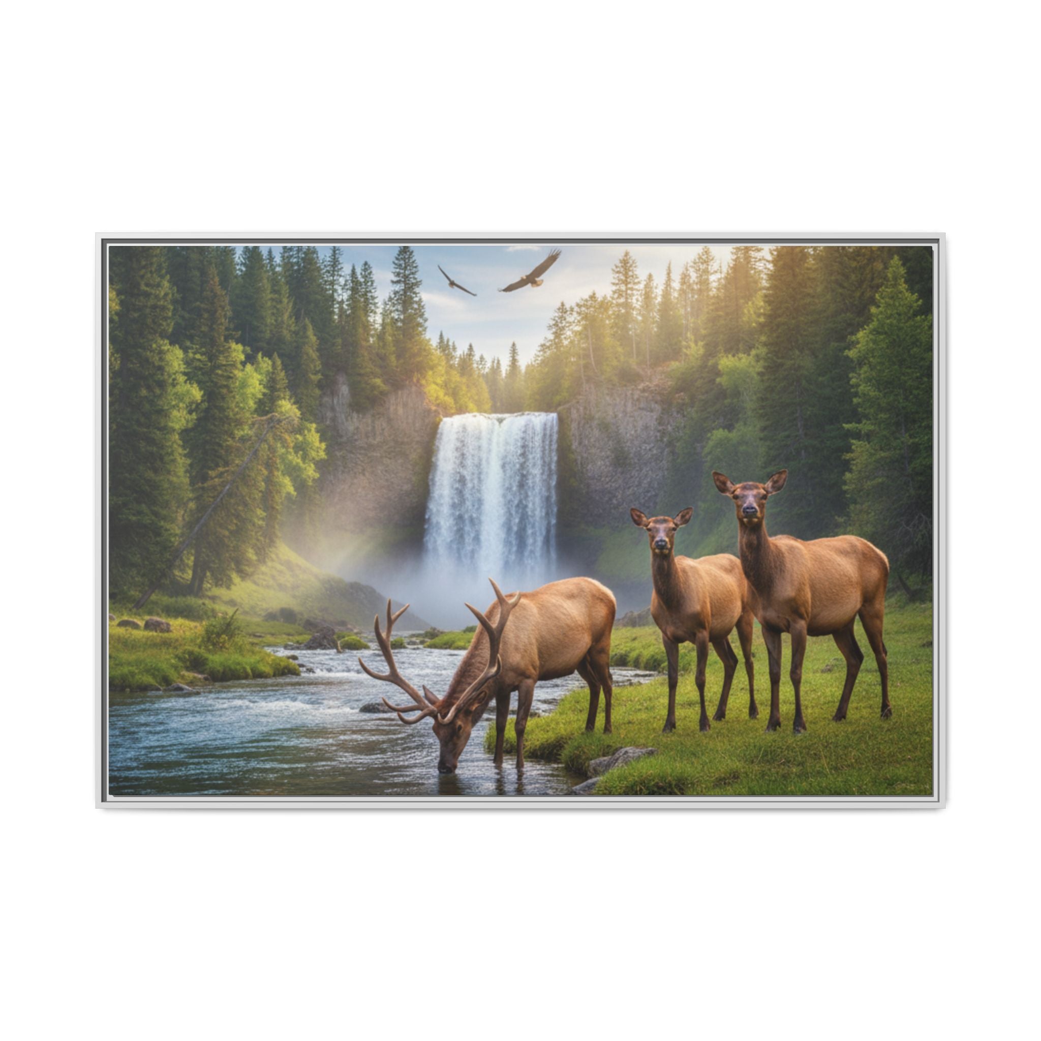 Waterfall Elk Forest Landscape Wall Art