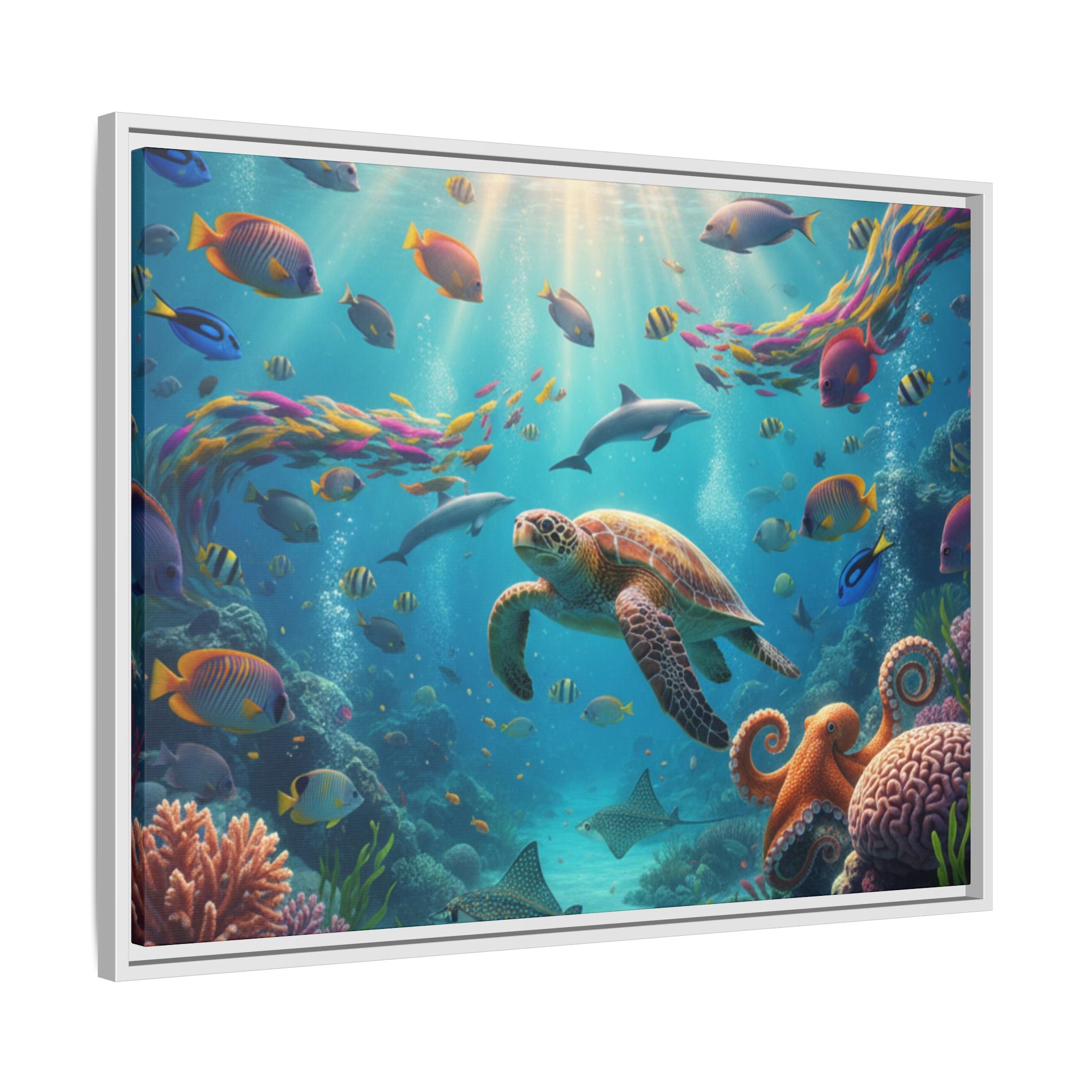 Framed Ocean Life Canvas — Colorful Sea Turtle Wall Art