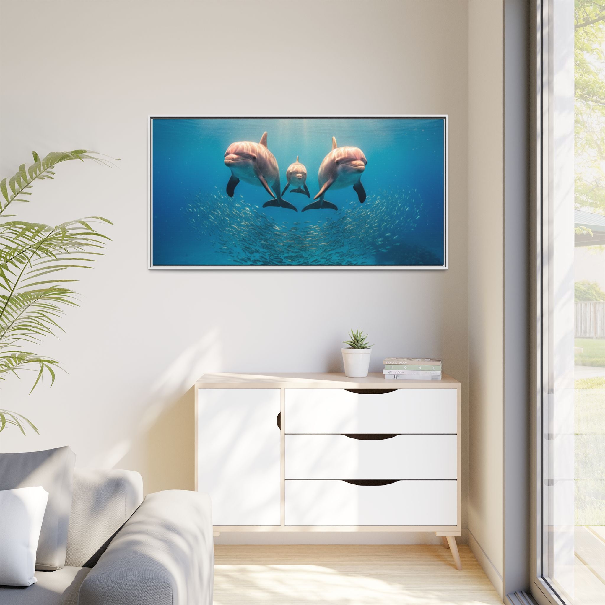 Framed Dolphin Canvas Print — Matte Ocean Wall Art