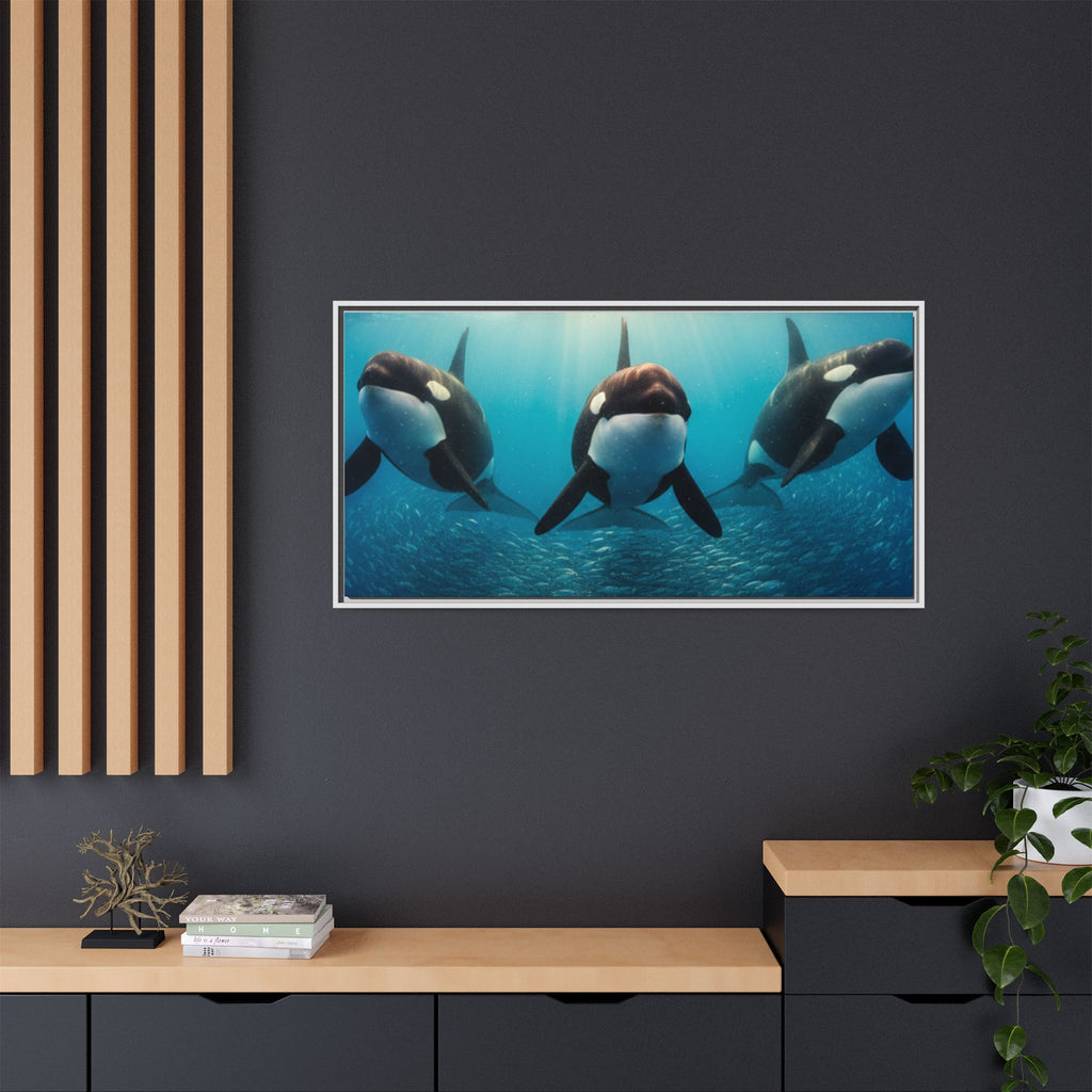 Framed Orca Canvas Print — Underwater Whale Pod Ocean Wall Art
