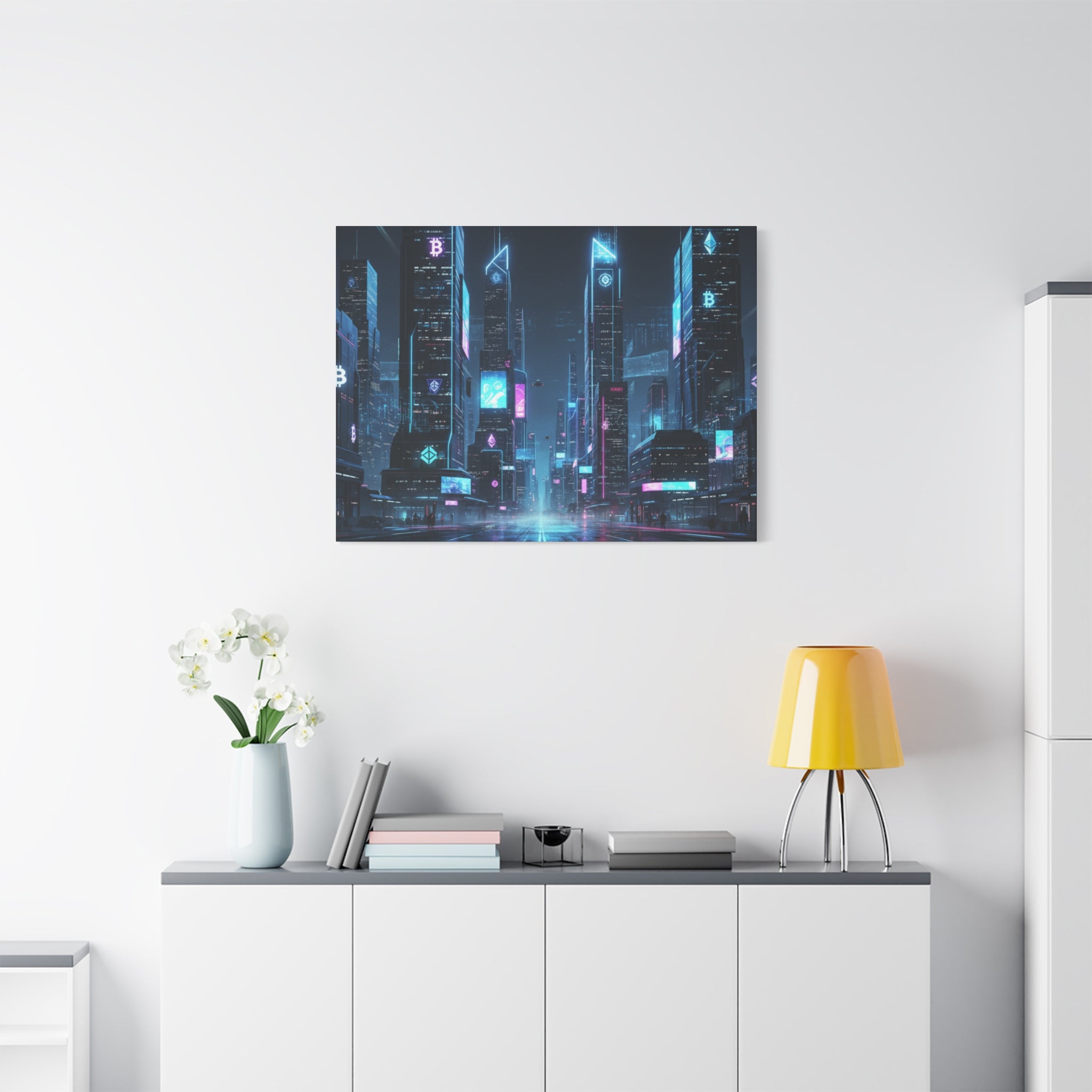 Cyberpunk Crypto Cityscape Canvas Print — Futuristic Neon Skyline Wall Art