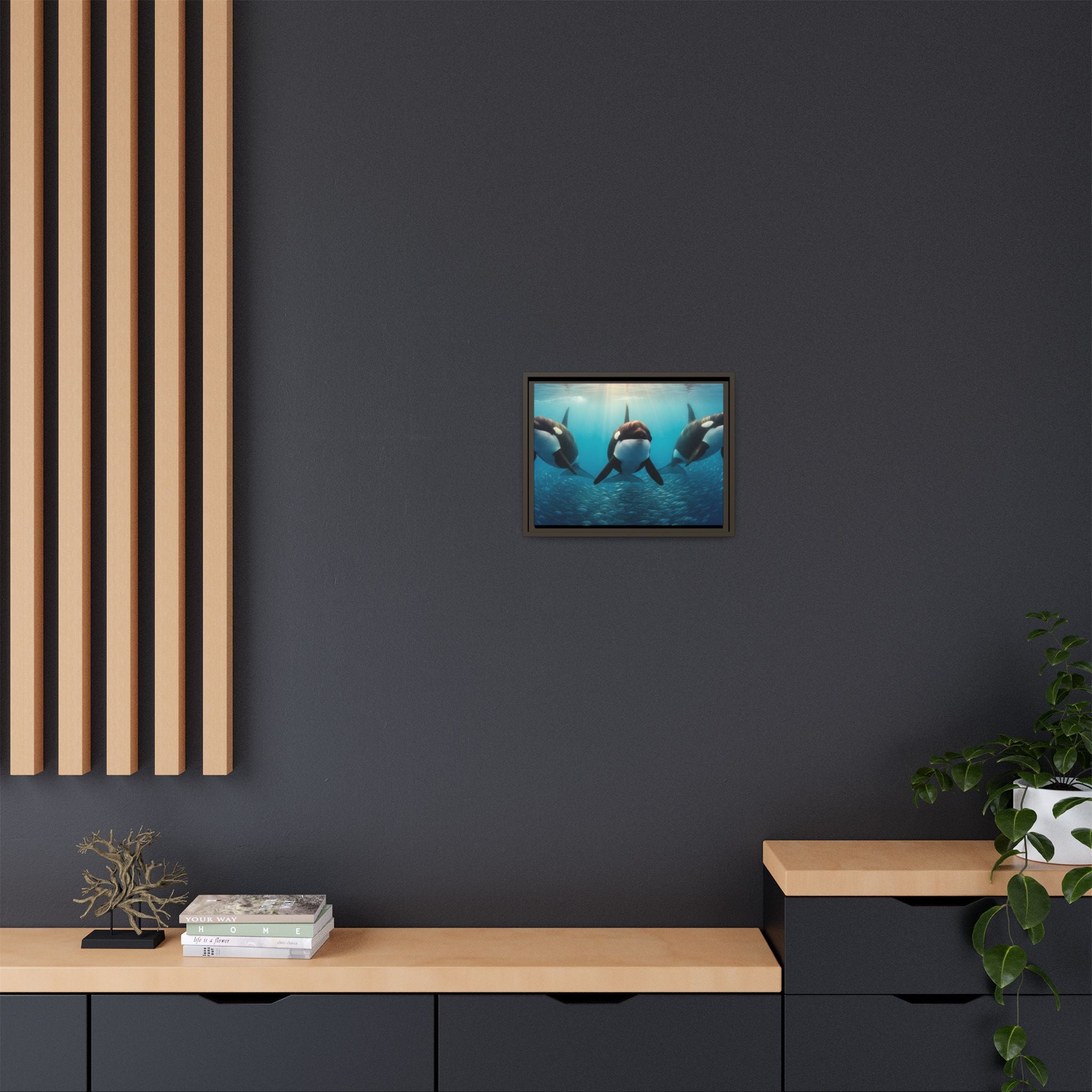 Framed Orca Canvas Print — Underwater Whale Pod Ocean Wall Art