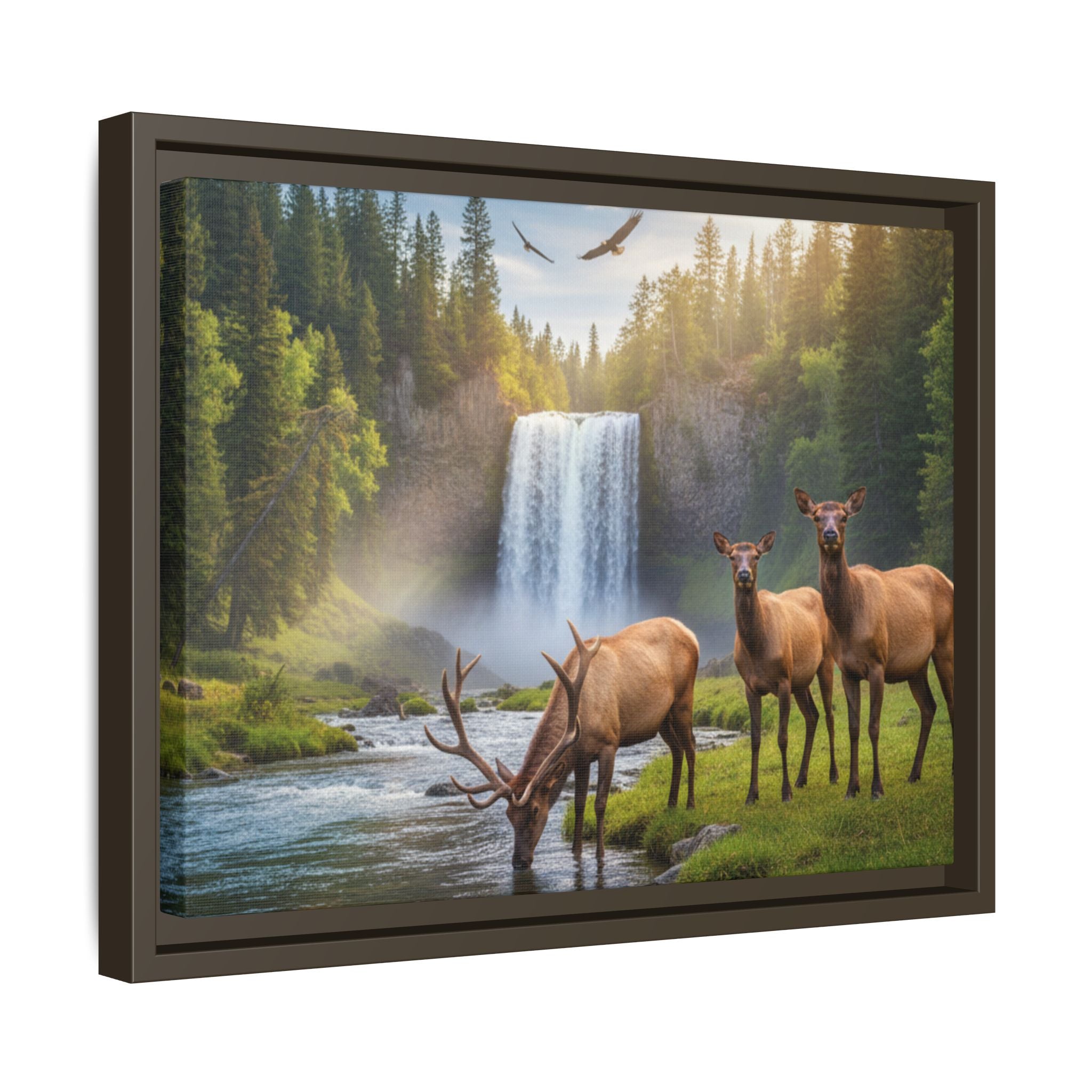 Waterfall Elk Forest Landscape Wall Art