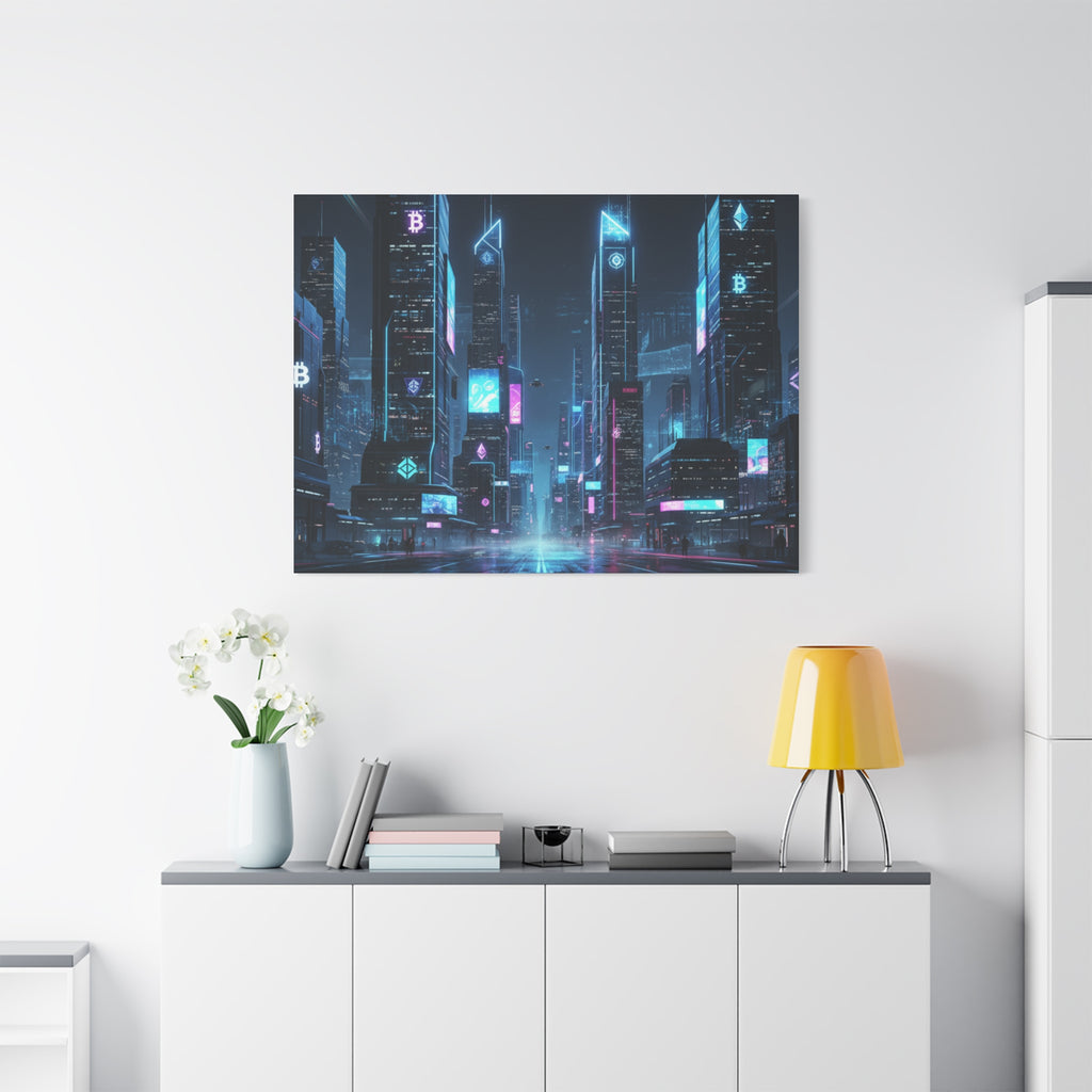 Cyberpunk Crypto Cityscape Canvas Print — Futuristic Neon Skyline Wall Art