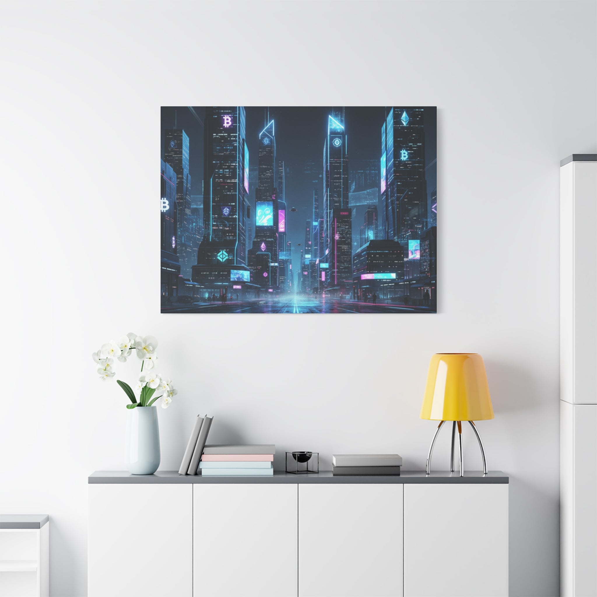 Cyberpunk Crypto Cityscape Canvas Print — Futuristic Neon Skyline Wall Art