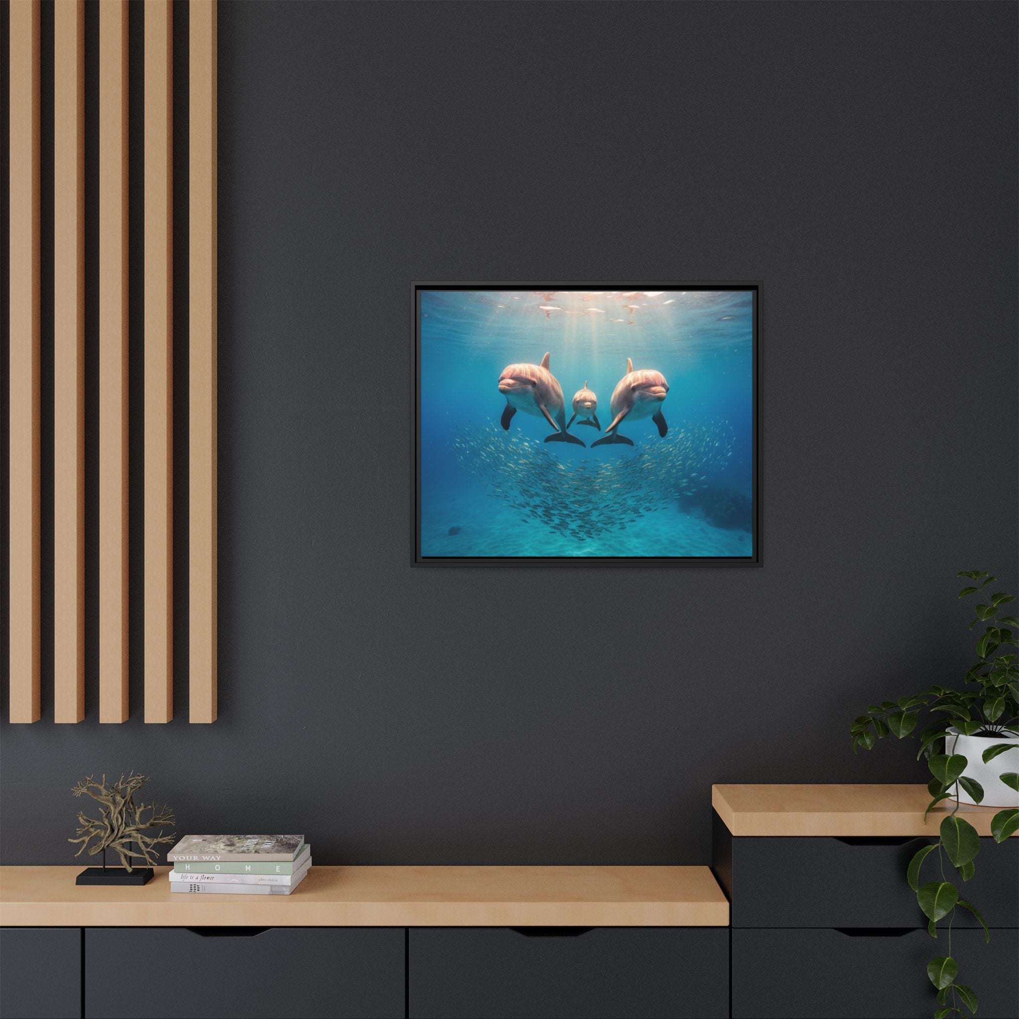 Framed Dolphin Canvas Print — Matte Ocean Wall Art