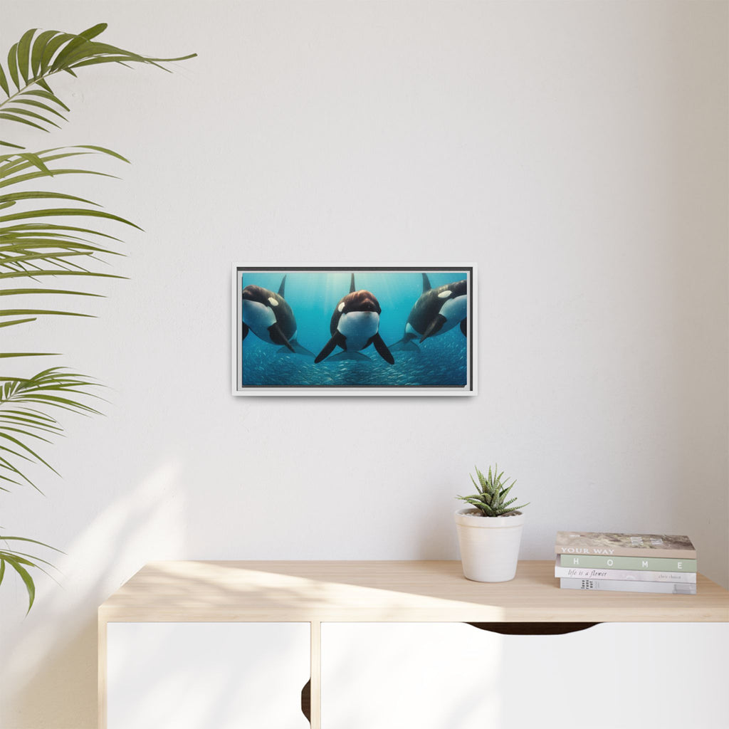 Framed Orca Canvas Print — Underwater Whale Pod Ocean Wall Art