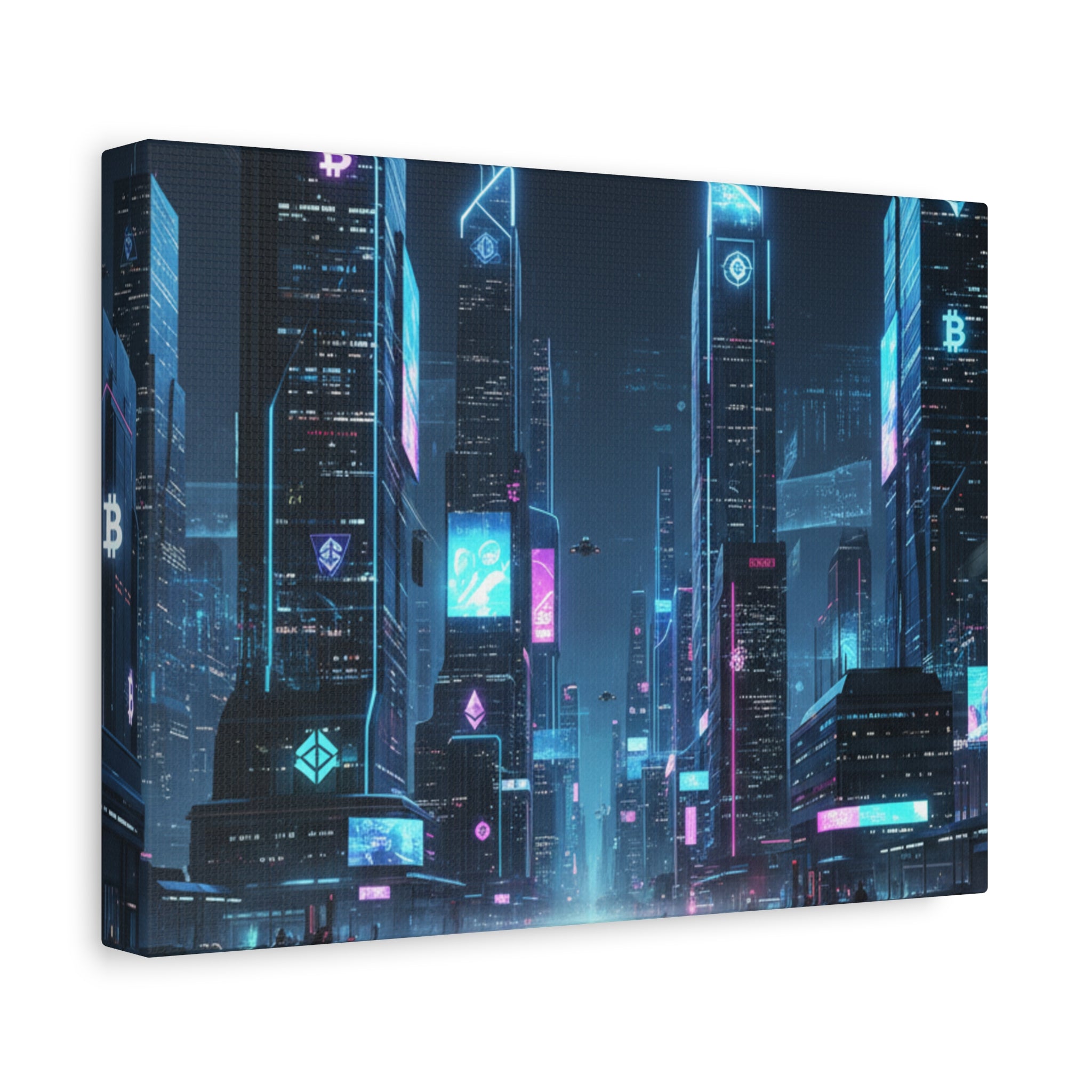 Cyberpunk Crypto Cityscape Canvas Print — Futuristic Neon Skyline Wall Art