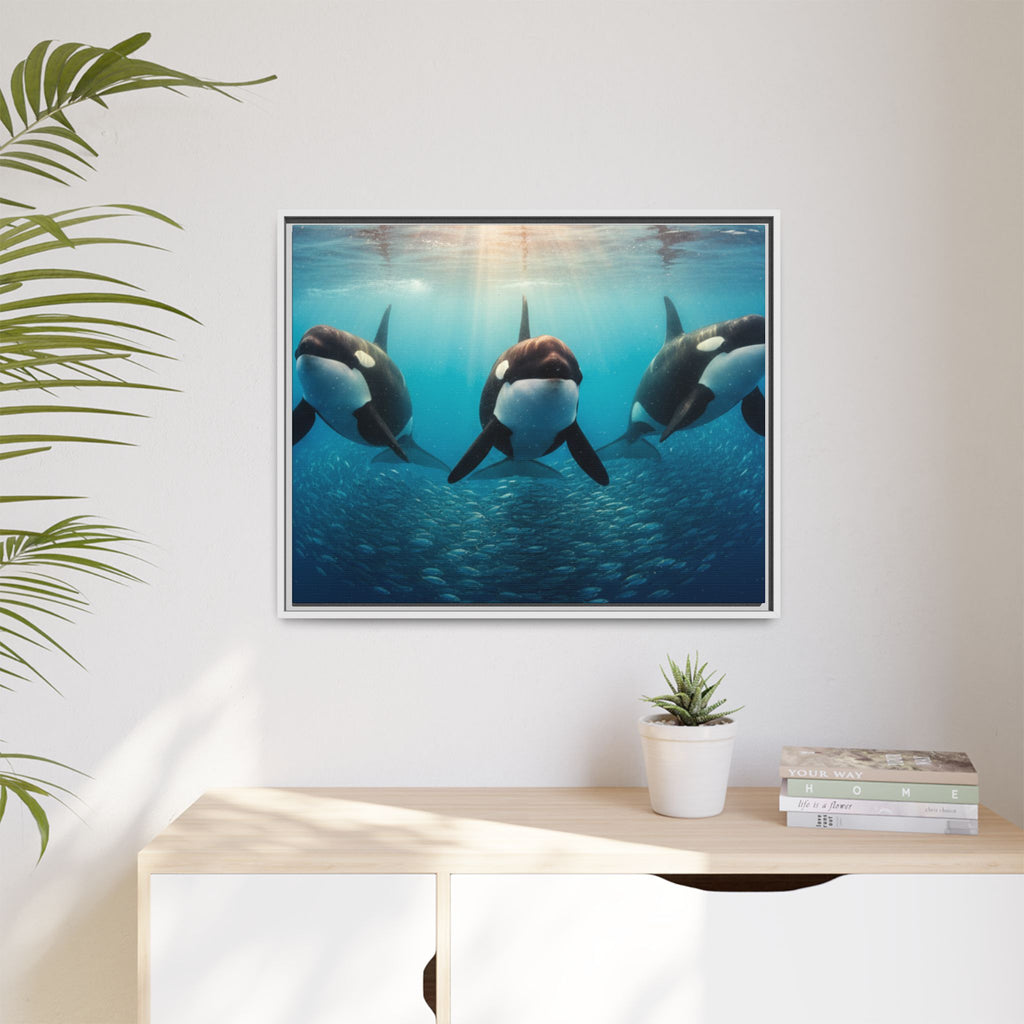 Framed Orca Canvas Print — Underwater Whale Pod Ocean Wall Art