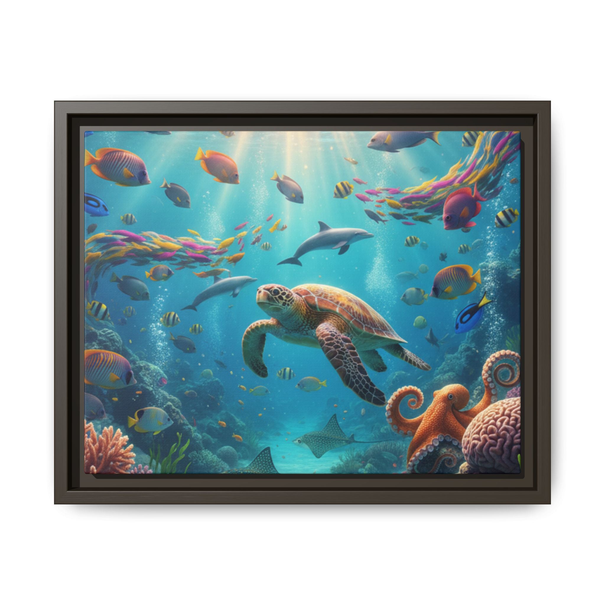 Framed Ocean Life Canvas — Colorful Sea Turtle Wall Art