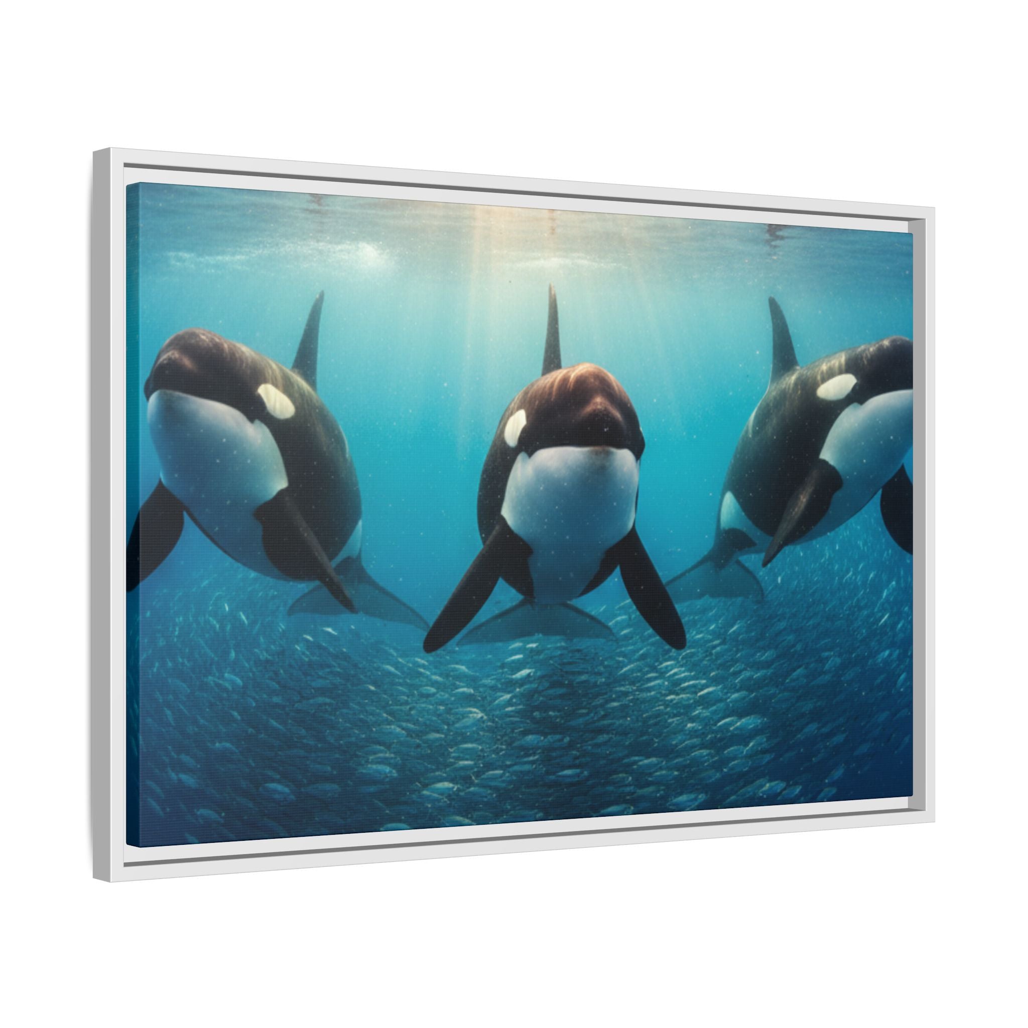 Framed Orca Canvas Print — Underwater Whale Pod Ocean Wall Art