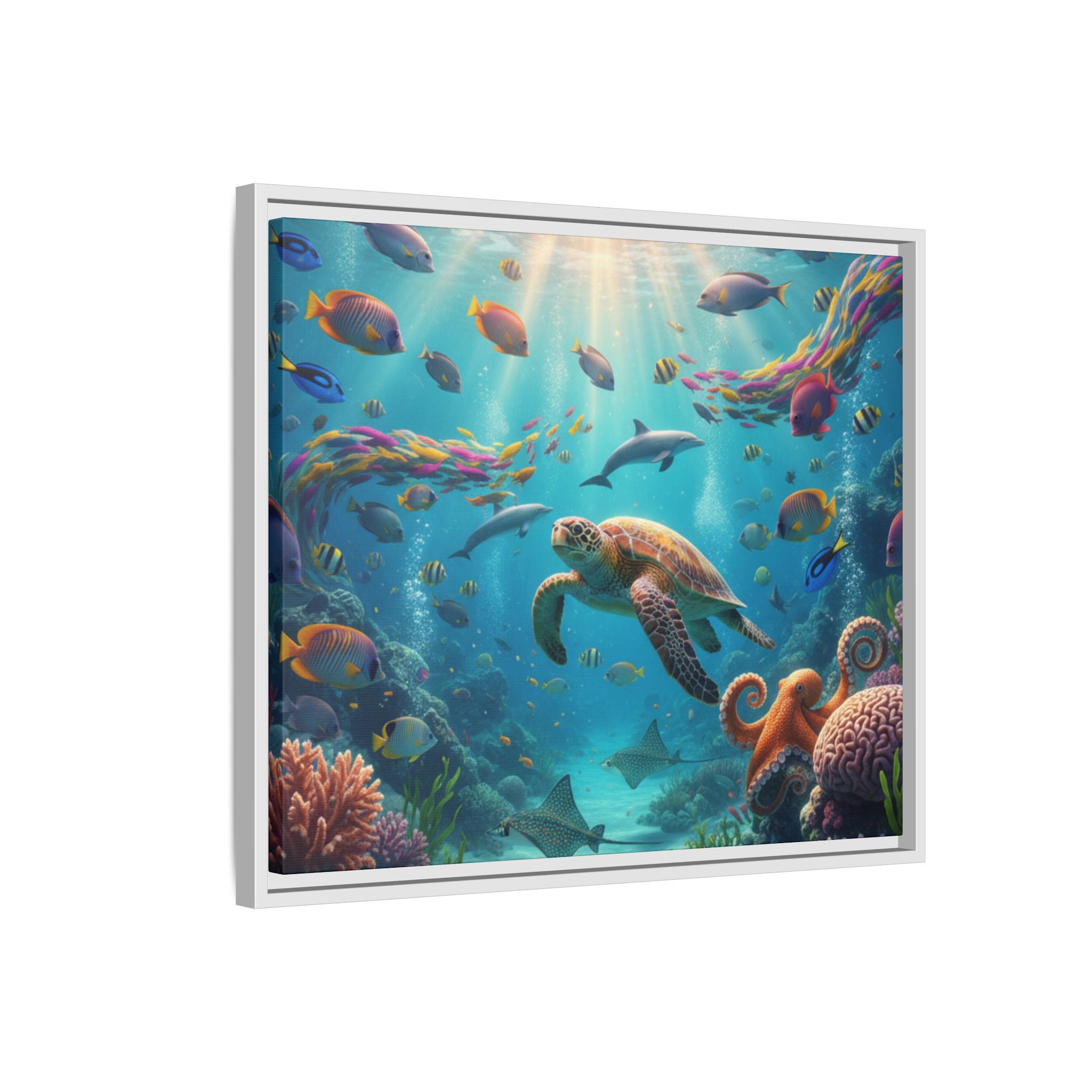 Framed Ocean Life Canvas — Colorful Sea Turtle Wall Art