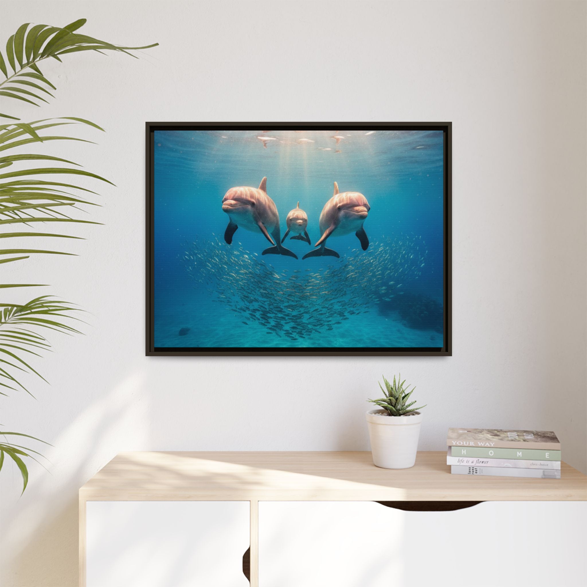 Framed Dolphin Canvas Print — Matte Ocean Wall Art