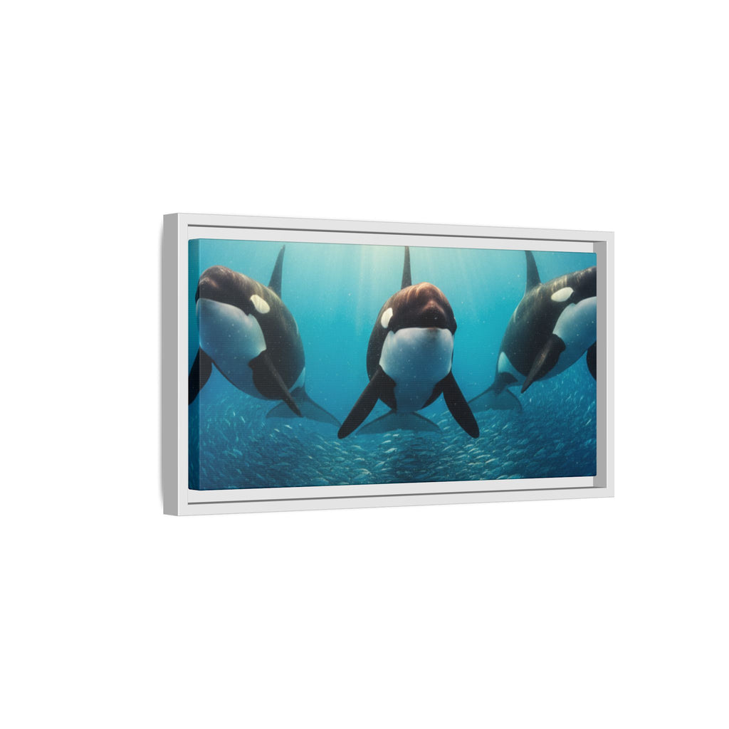 Framed Orca Canvas Print — Underwater Whale Pod Ocean Wall Art