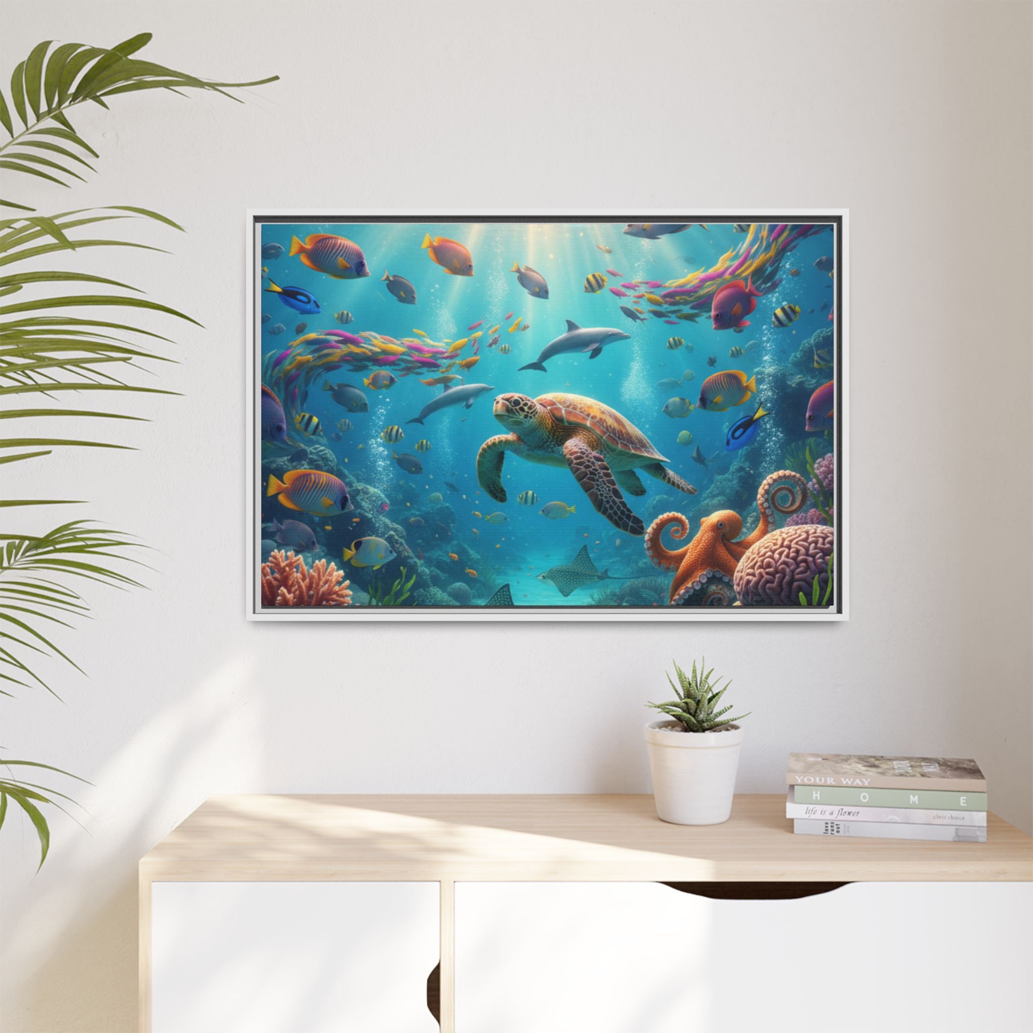 Framed Ocean Life Canvas — Colorful Sea Turtle Wall Art