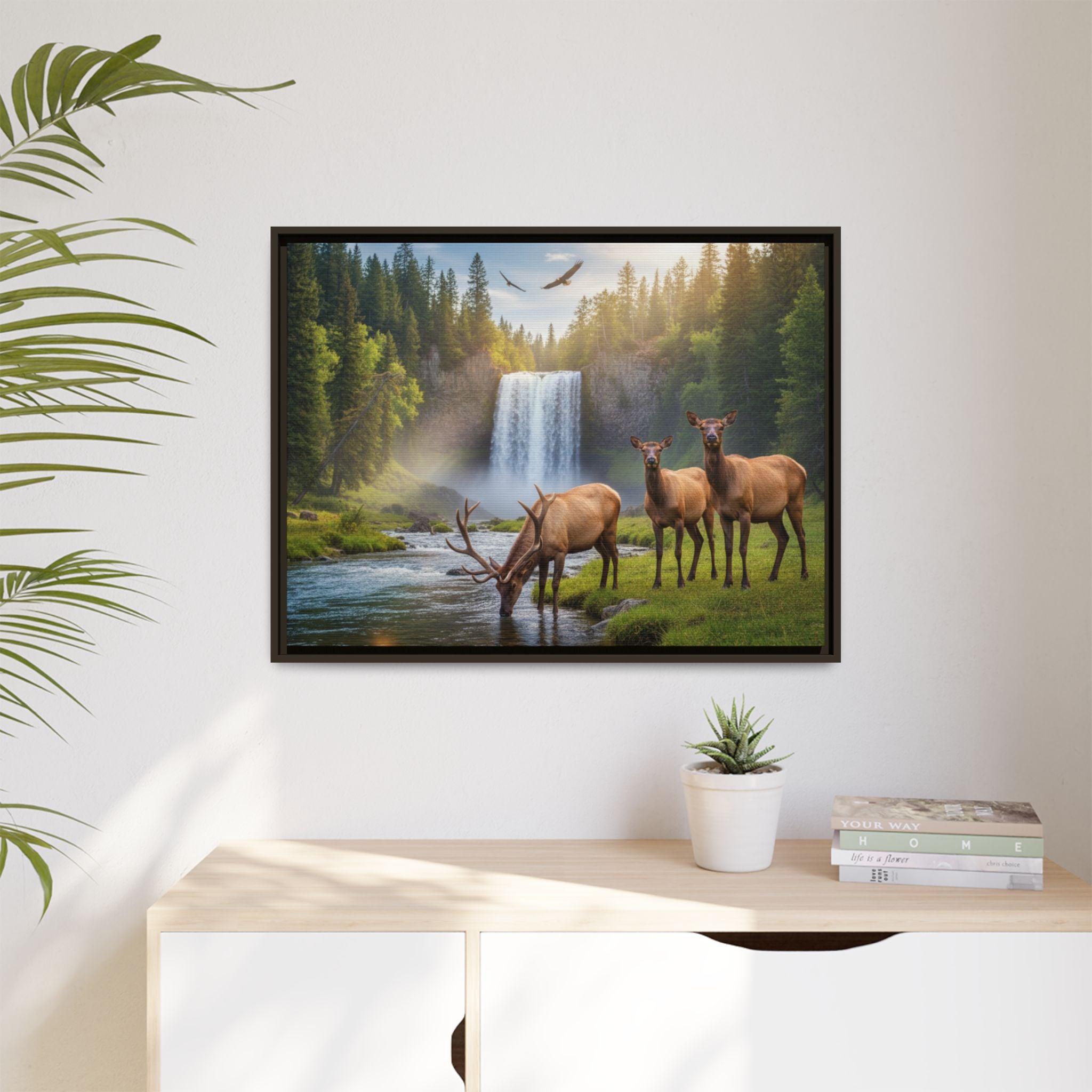 Waterfall Elk Forest Landscape Wall Art