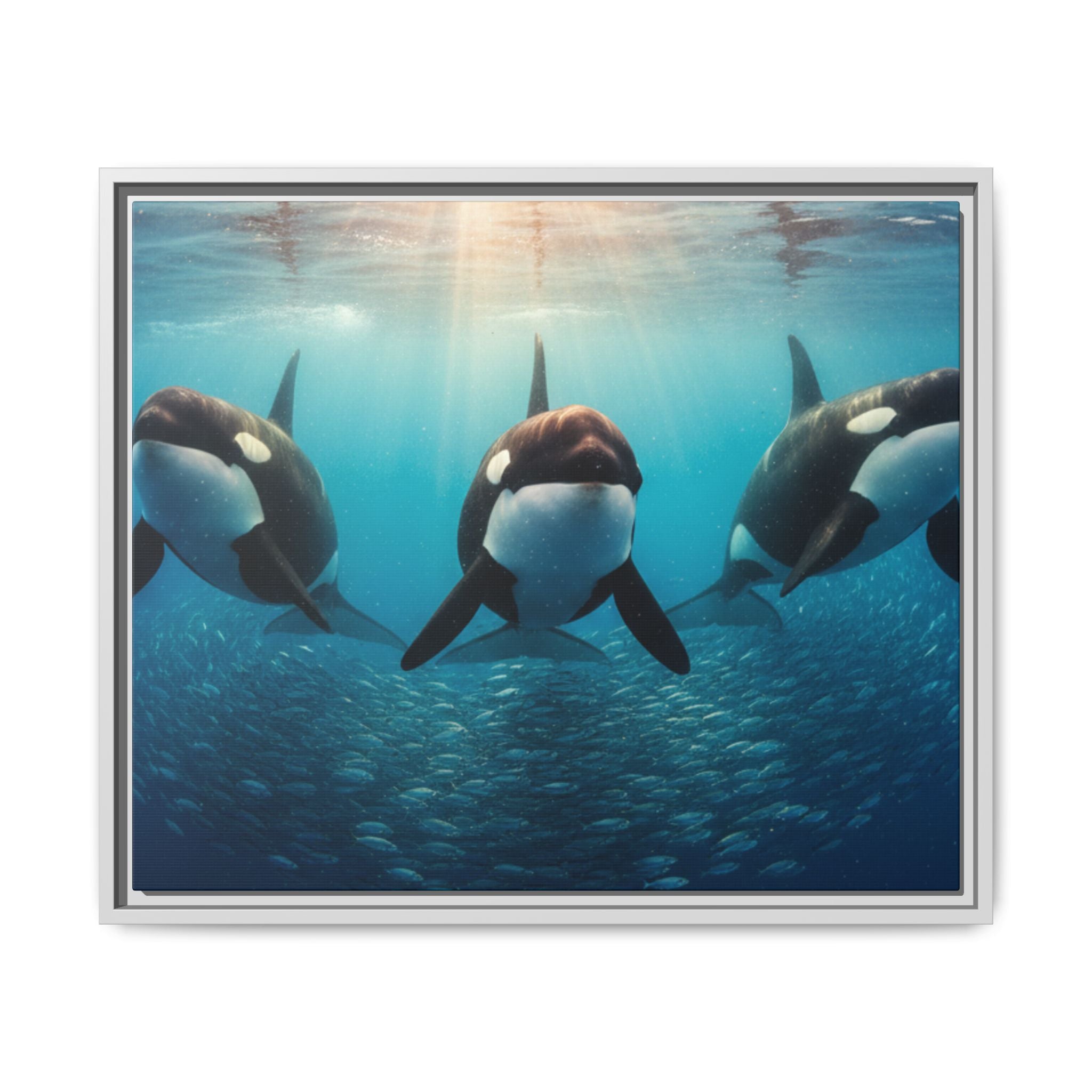 Framed Orca Canvas Print — Underwater Whale Pod Ocean Wall Art