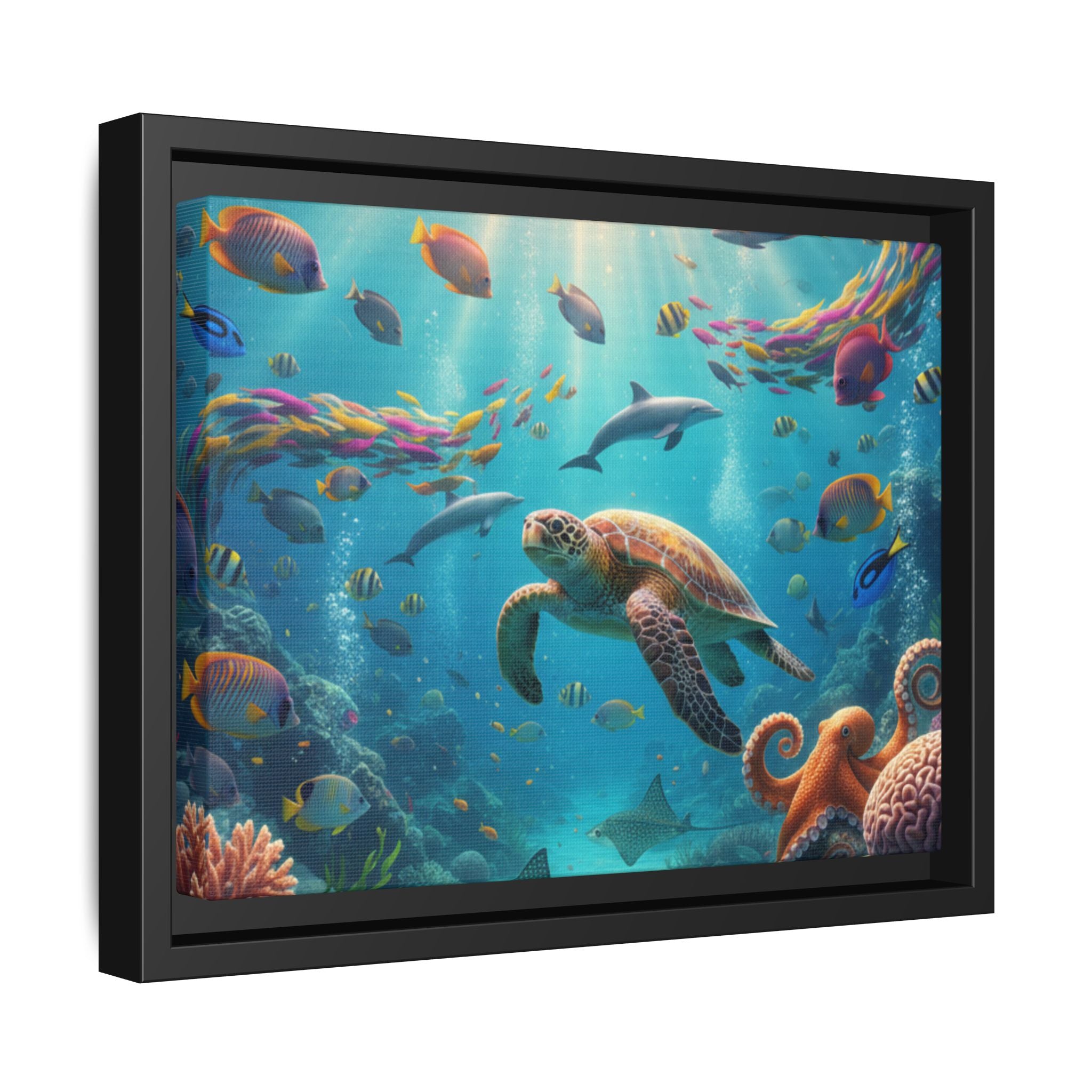 Framed Ocean Life Canvas — Colorful Sea Turtle Wall Art
