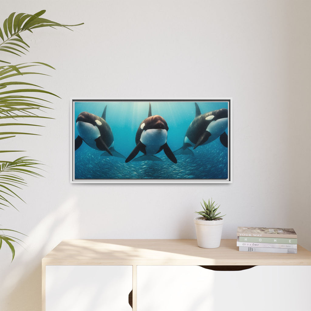 Framed Orca Canvas Print — Underwater Whale Pod Ocean Wall Art