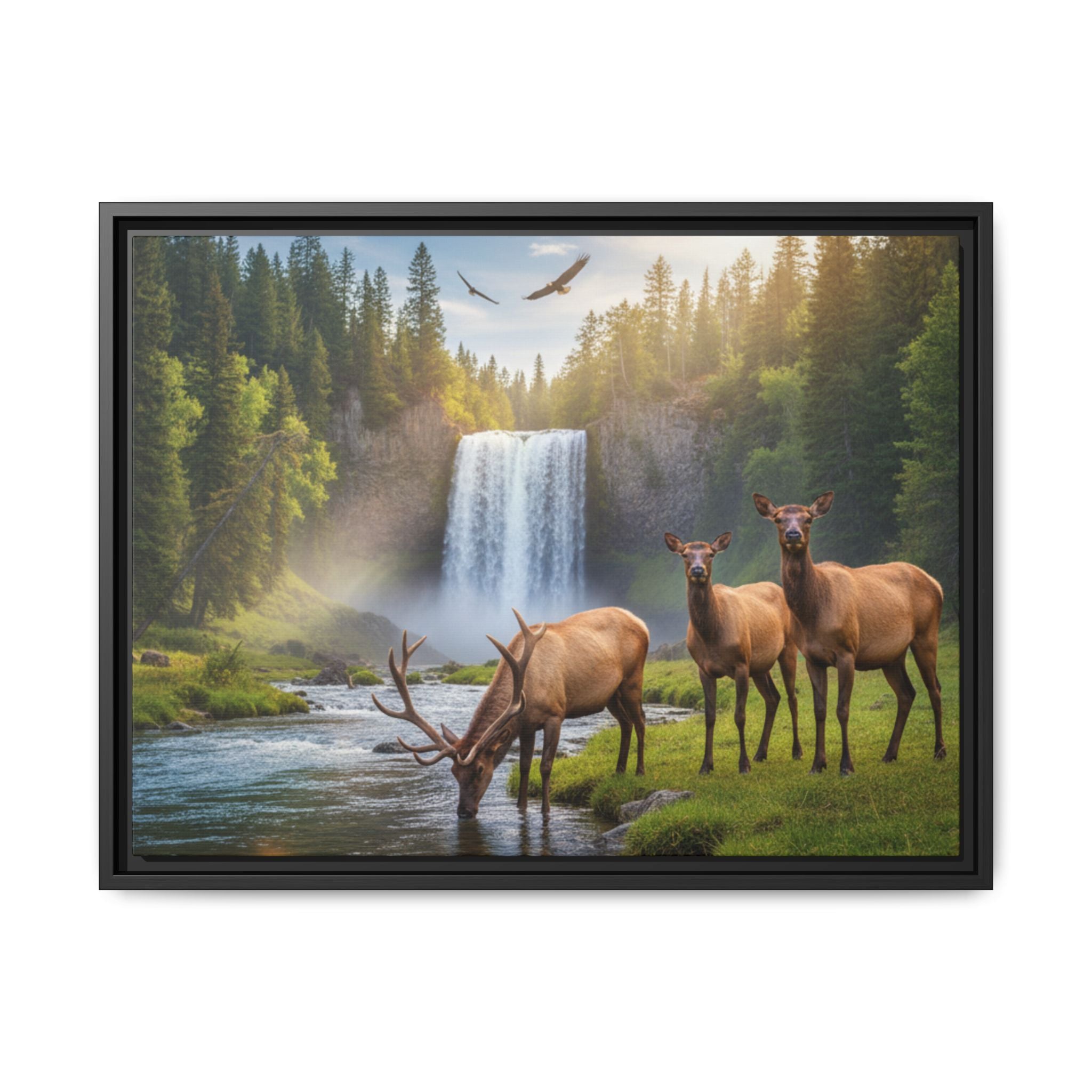 Waterfall Elk Forest Landscape Wall Art