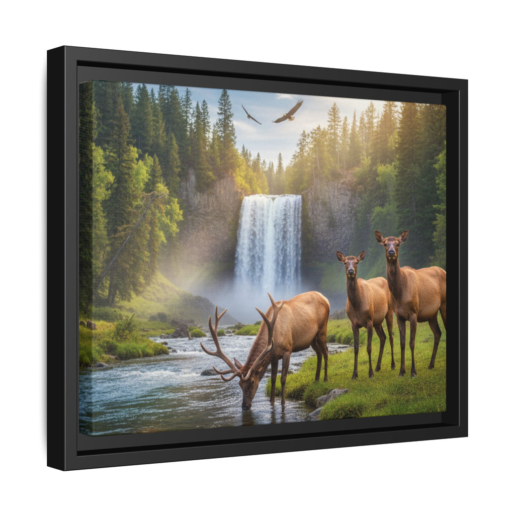 Waterfall Elk Forest Landscape Wall Art