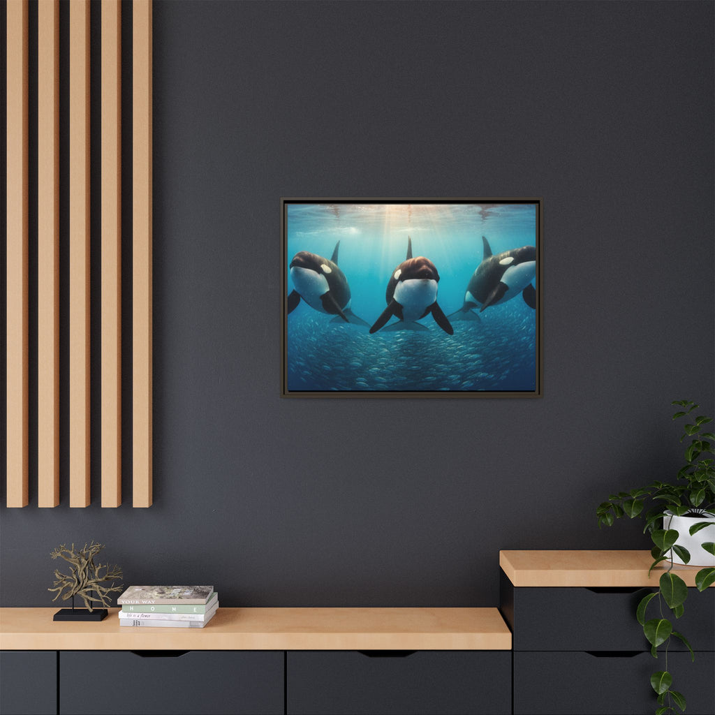 Framed Orca Canvas Print — Underwater Whale Pod Ocean Wall Art