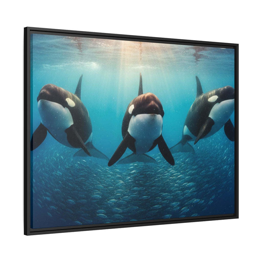 Framed Orca Canvas Print — Underwater Whale Pod Ocean Wall Art