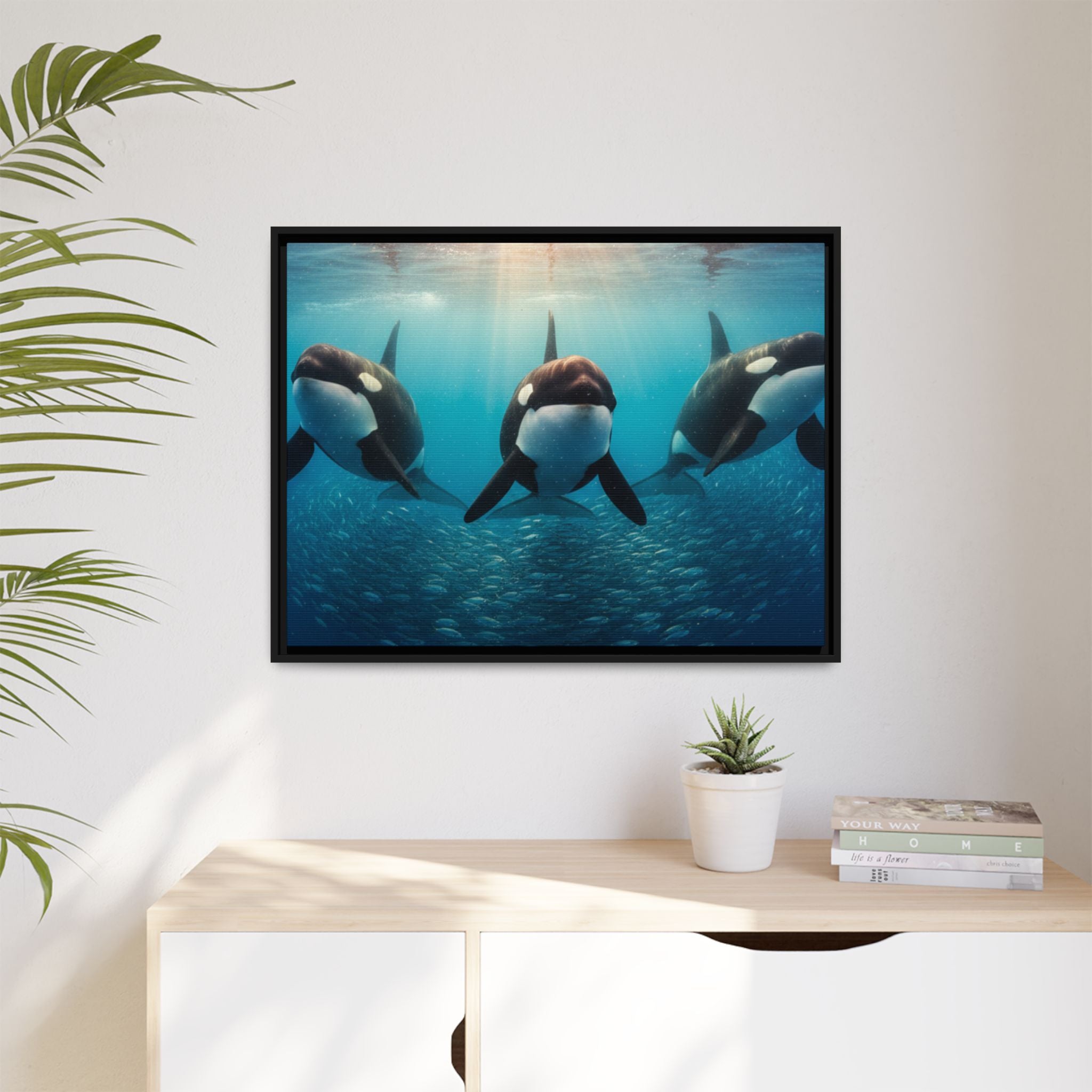 Framed Orca Canvas Print — Underwater Whale Pod Ocean Wall Art
