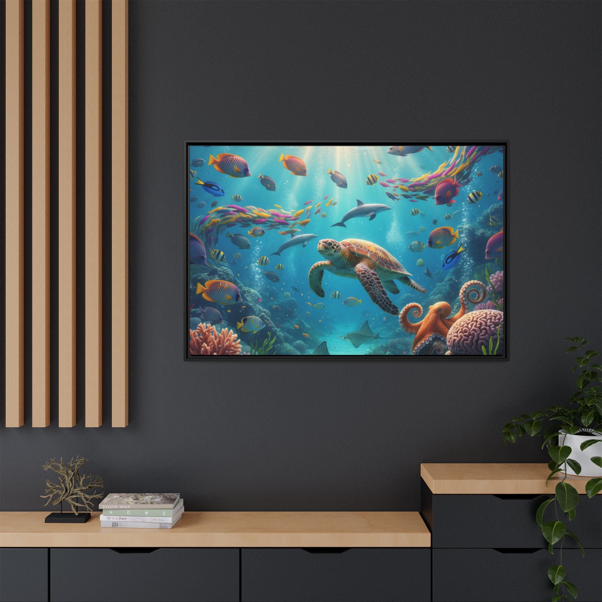 Framed Ocean Life Canvas — Colorful Sea Turtle Wall Art