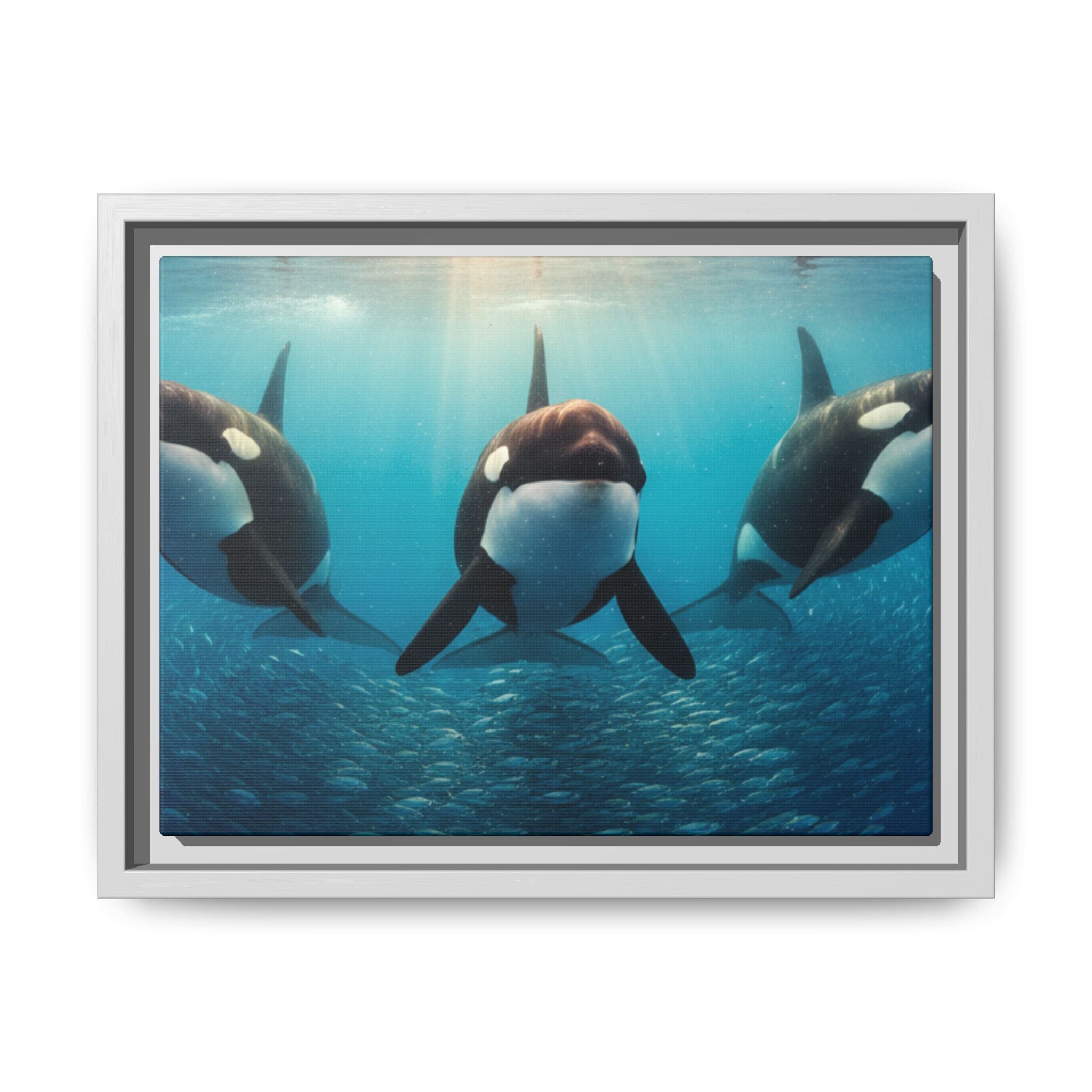 Framed Orca Canvas Print — Underwater Whale Pod Ocean Wall Art