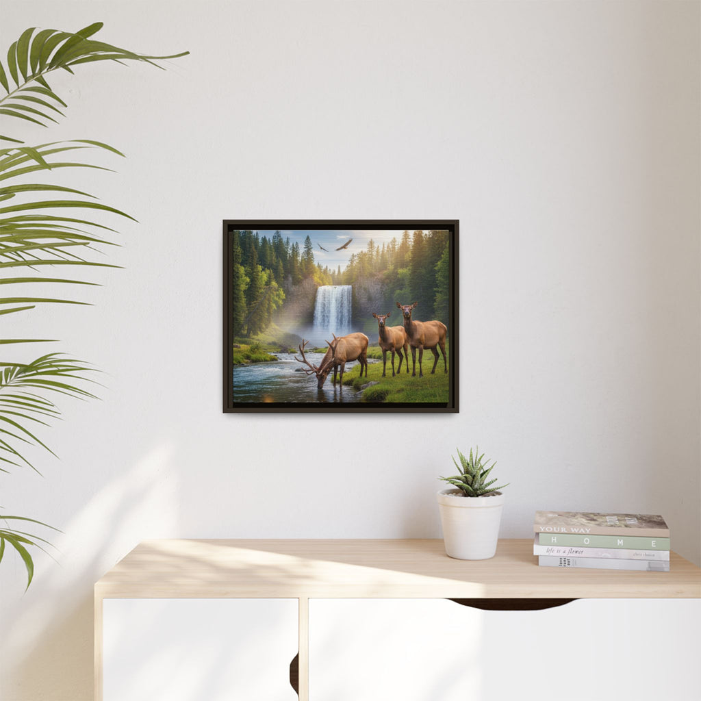 Waterfall Elk Forest Landscape Wall Art