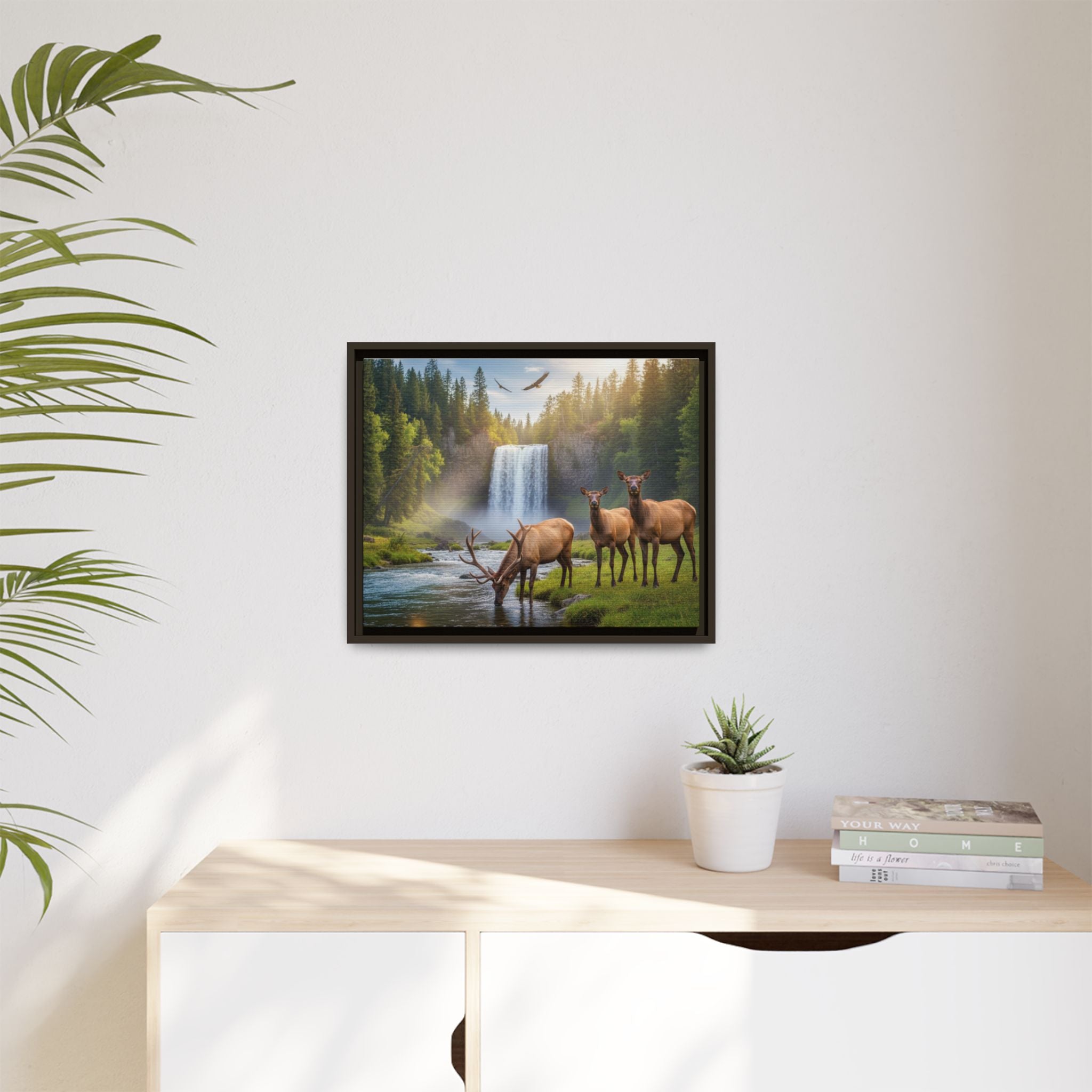 Waterfall Elk Forest Landscape Wall Art
