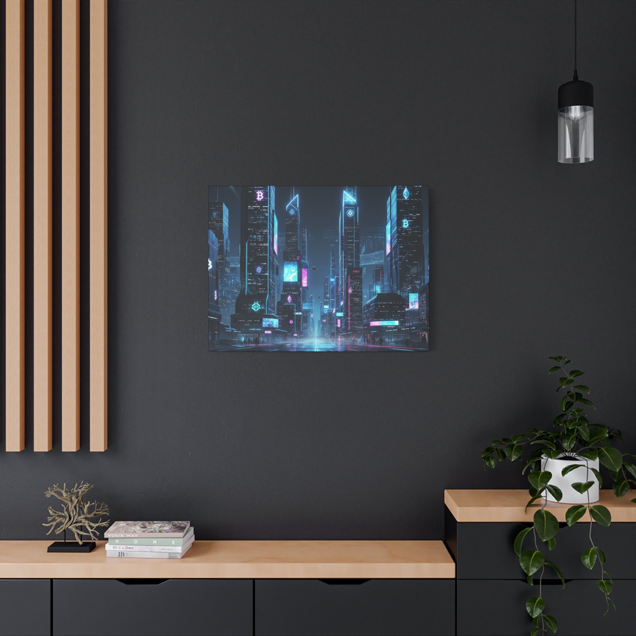 Cyberpunk Crypto Cityscape Canvas Print — Futuristic Neon Skyline Wall Art