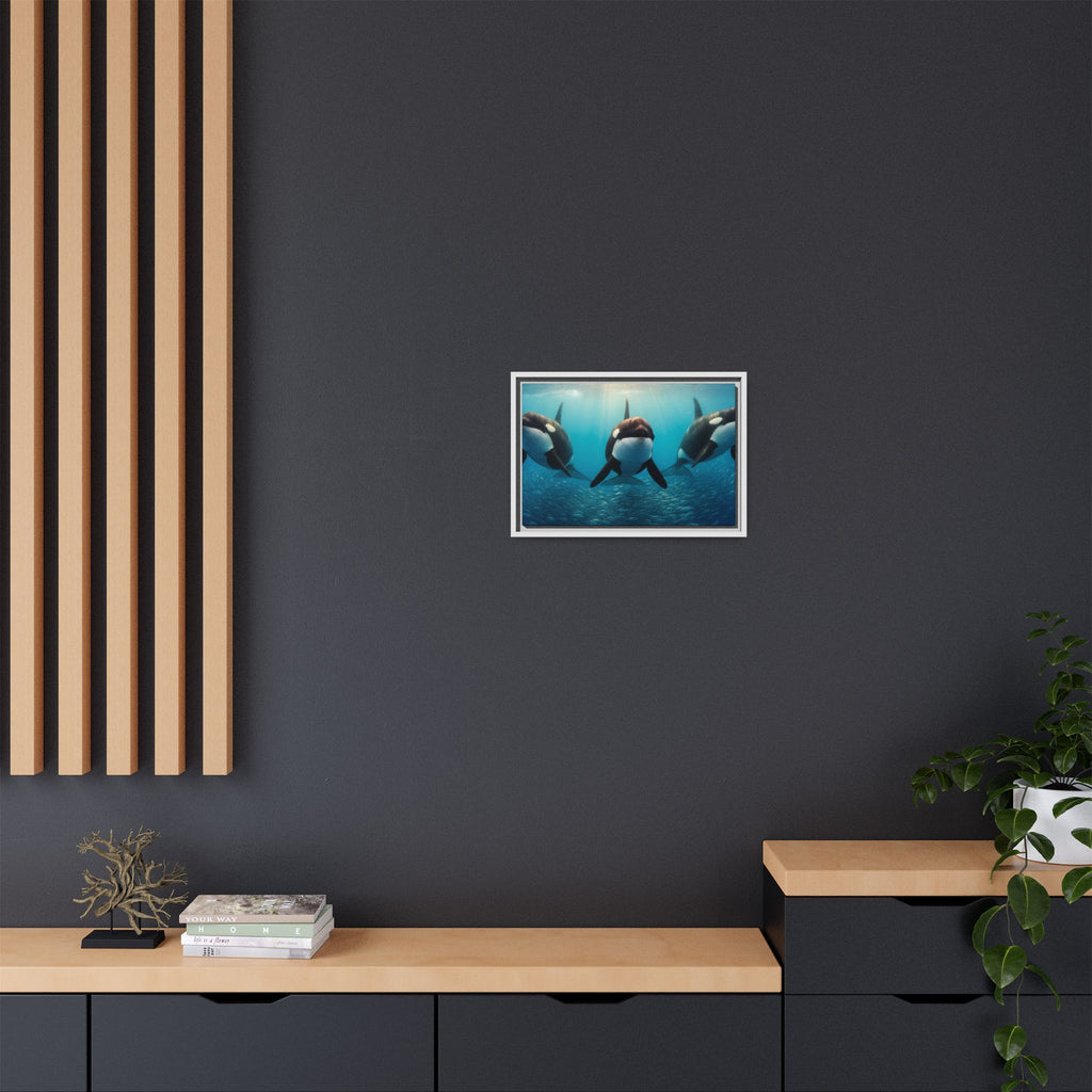 Framed Orca Canvas Print — Underwater Whale Pod Ocean Wall Art