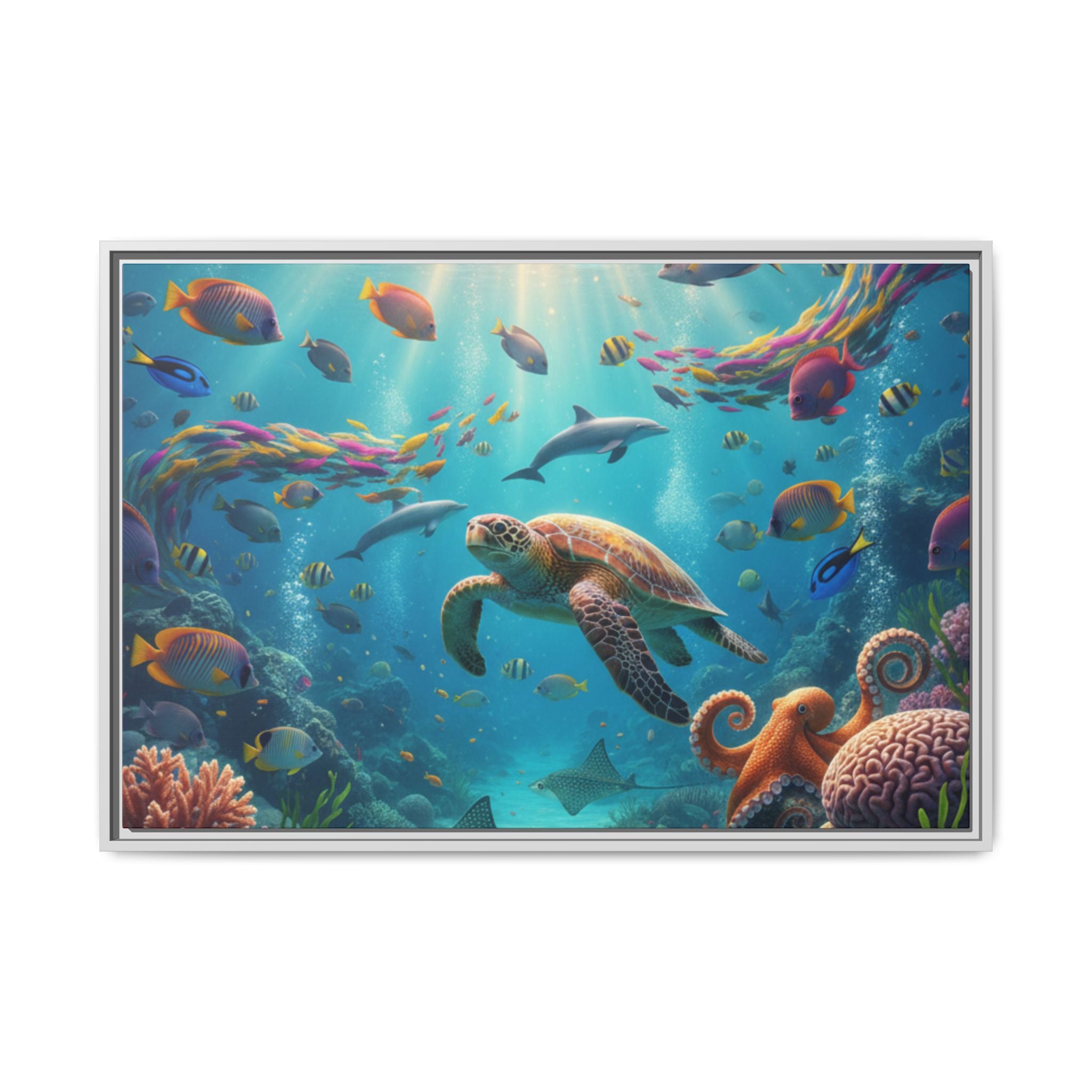 Framed Ocean Life Canvas — Colorful Sea Turtle Wall Art