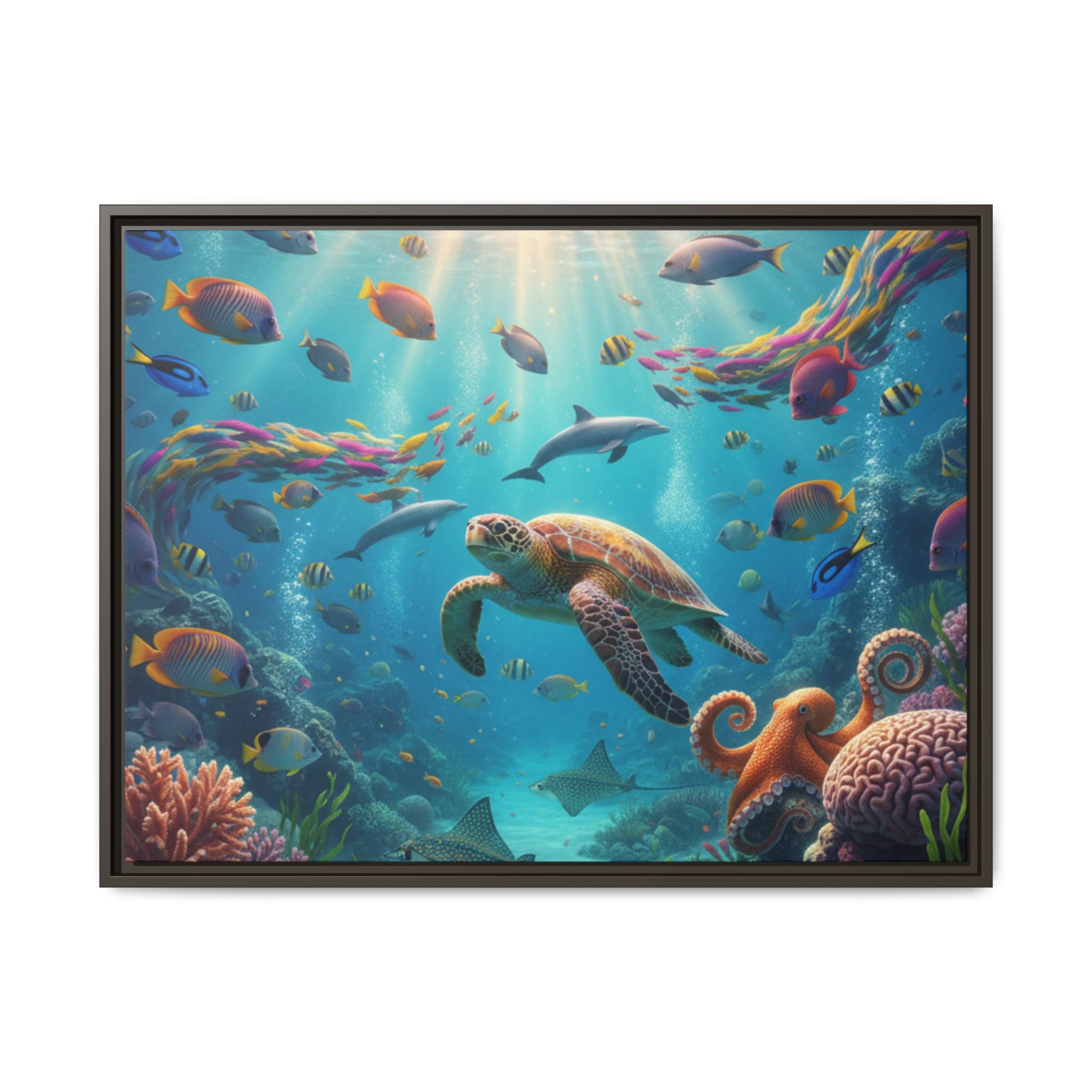 Framed Ocean Life Canvas — Colorful Sea Turtle Wall Art