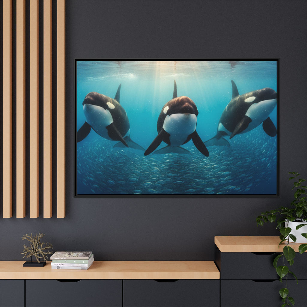 Framed Orca Canvas Print — Underwater Whale Pod Ocean Wall Art