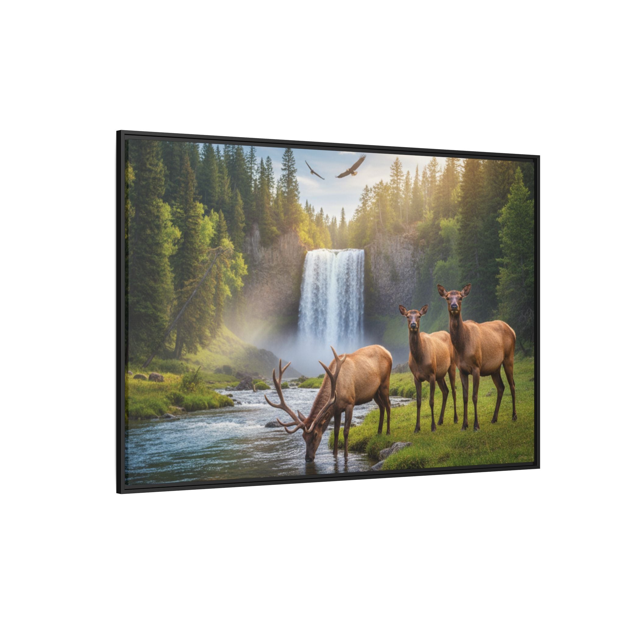 Waterfall Elk Forest Landscape Wall Art