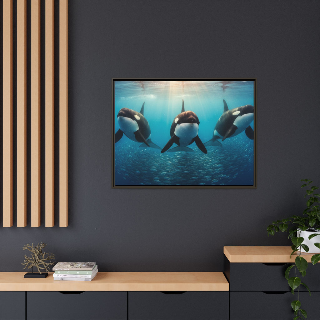 Framed Orca Canvas Print — Underwater Whale Pod Ocean Wall Art