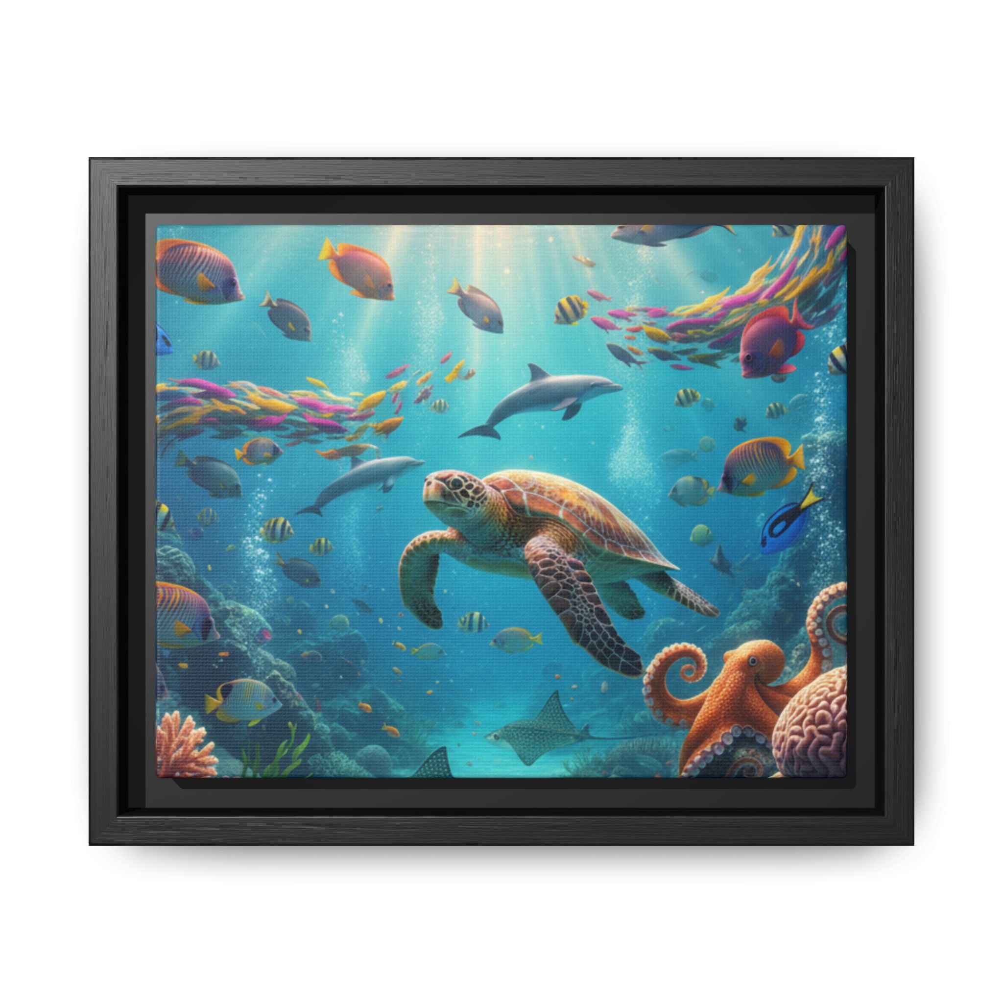 Framed Ocean Life Canvas — Colorful Sea Turtle Wall Art