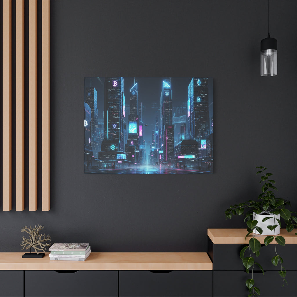 Cyberpunk Crypto Cityscape Canvas Print — Futuristic Neon Skyline Wall Art