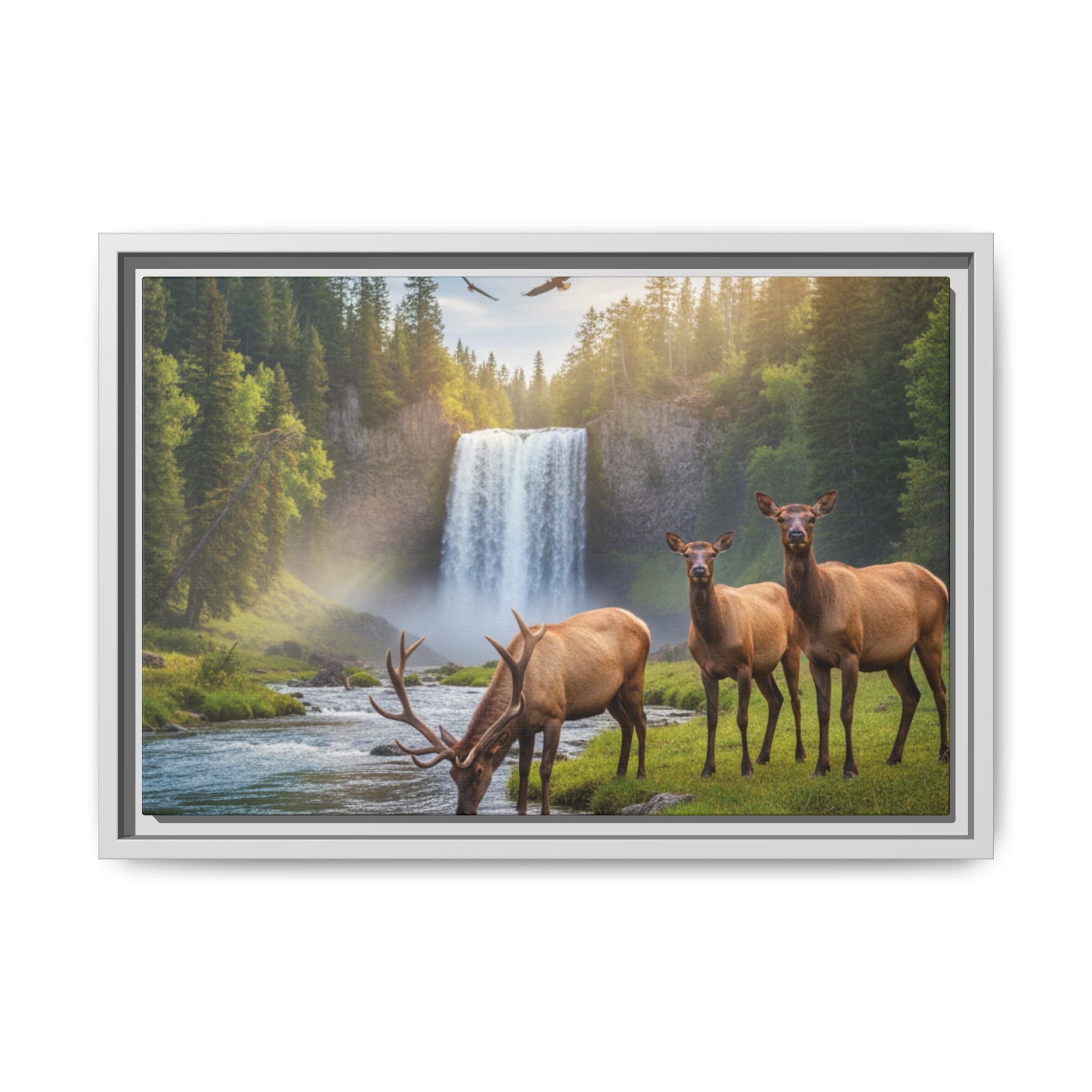 Waterfall Elk Forest Landscape Wall Art