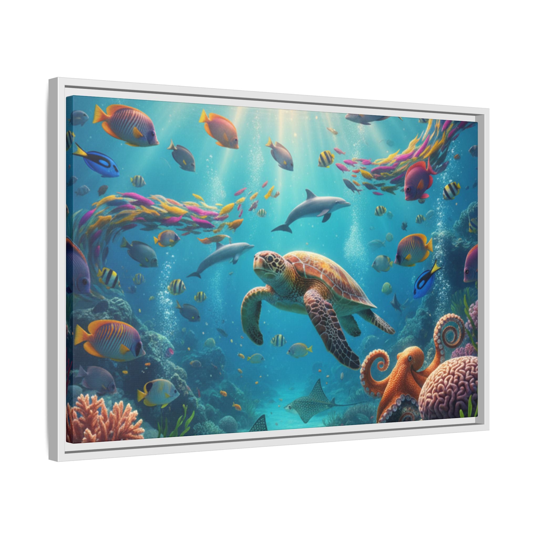 Framed Ocean Life Canvas — Colorful Sea Turtle Wall Art
