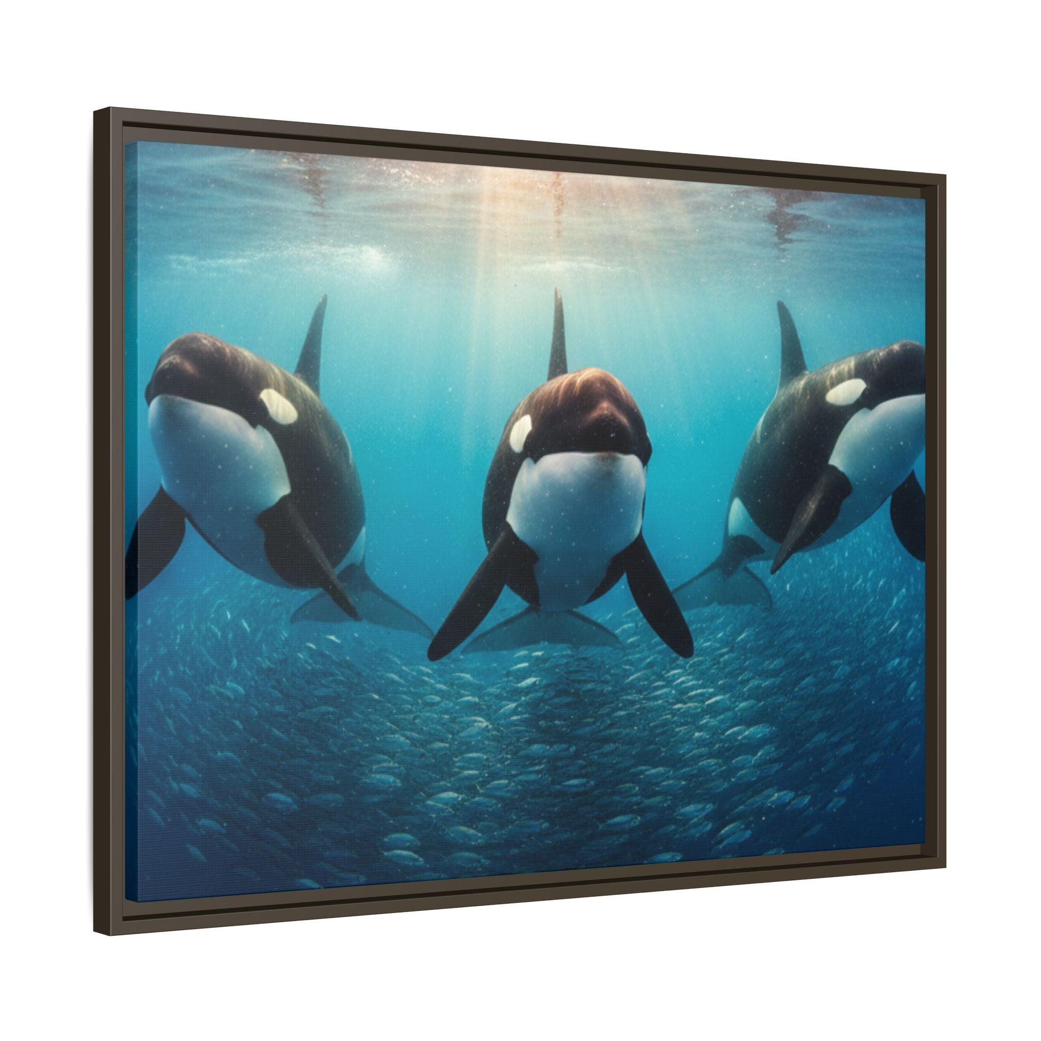 Framed Orca Canvas Print — Underwater Whale Pod Ocean Wall Art