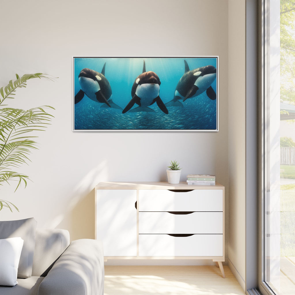 Framed Orca Canvas Print — Underwater Whale Pod Ocean Wall Art