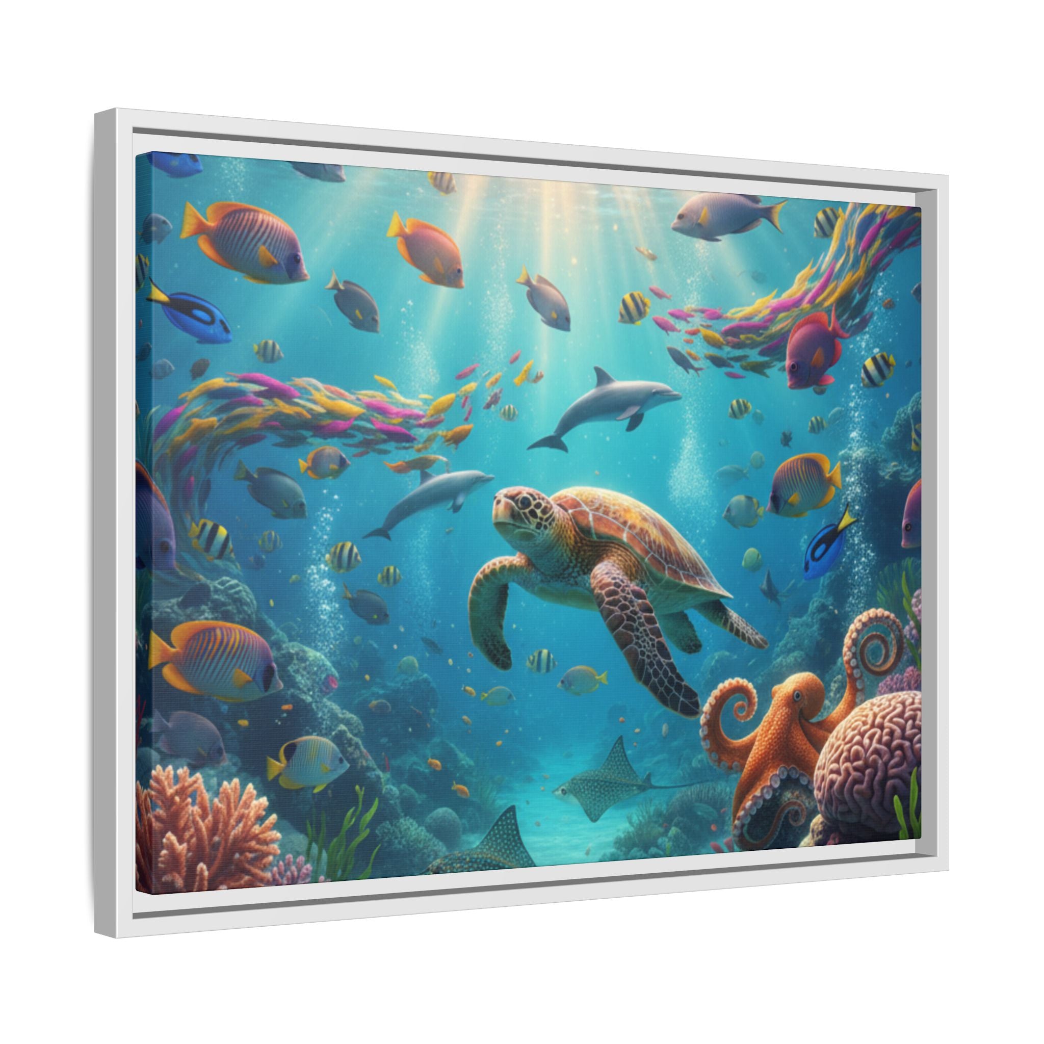 Framed Ocean Life Canvas — Colorful Sea Turtle Wall Art