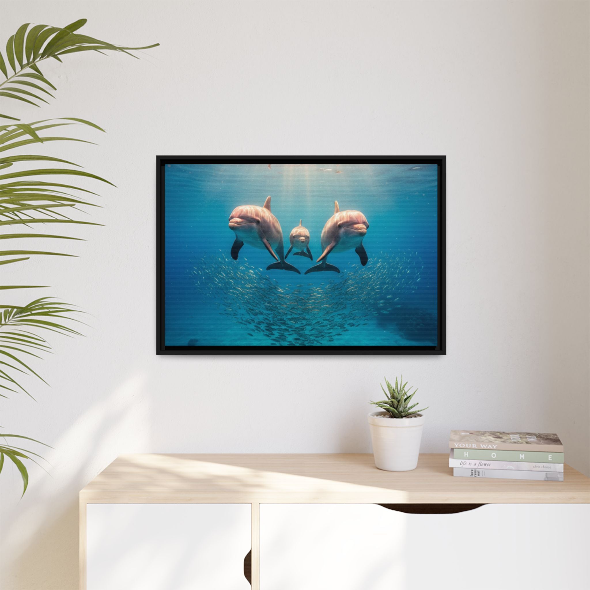 Framed Dolphin Canvas Print — Matte Ocean Wall Art