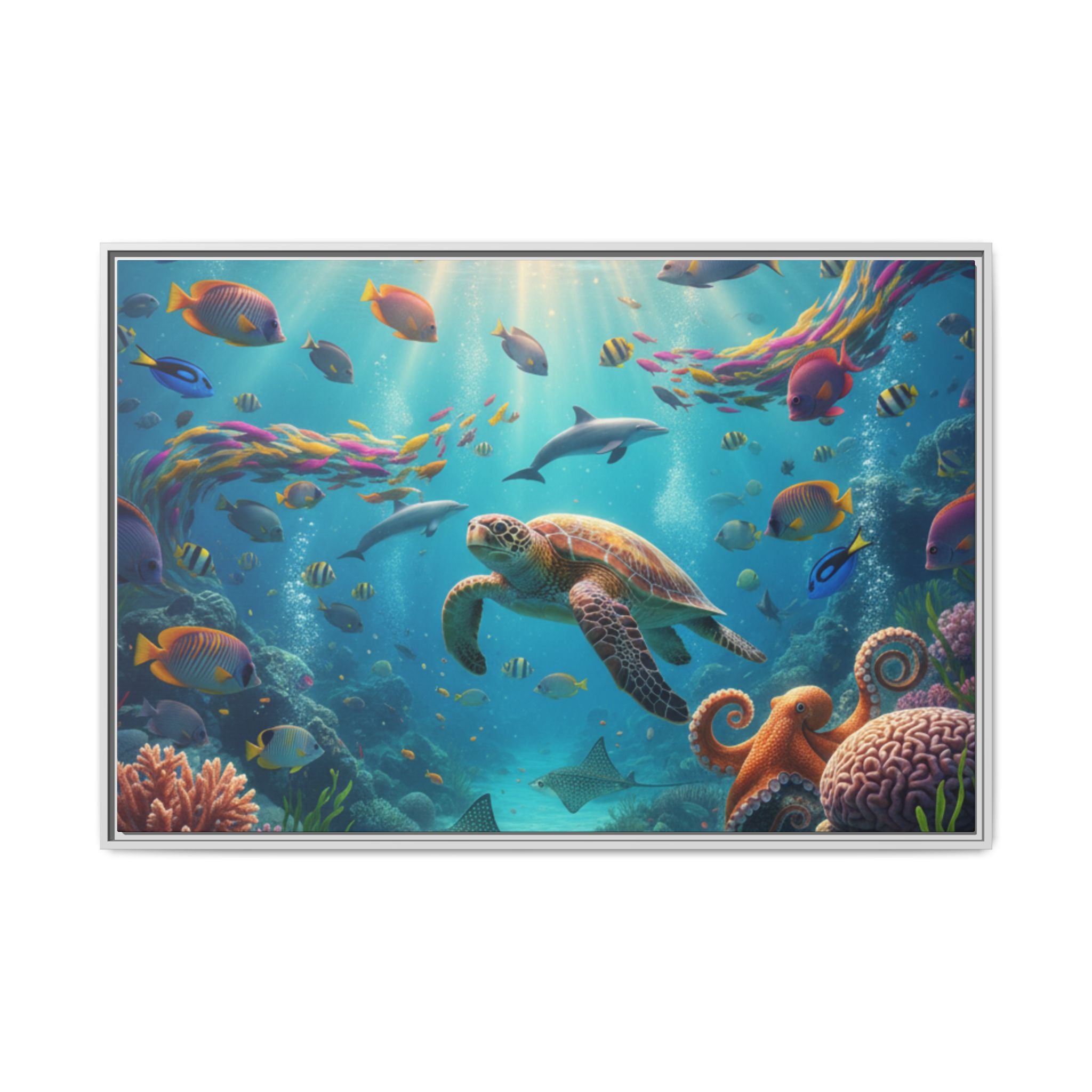 Framed Ocean Life Canvas — Colorful Sea Turtle Wall Art
