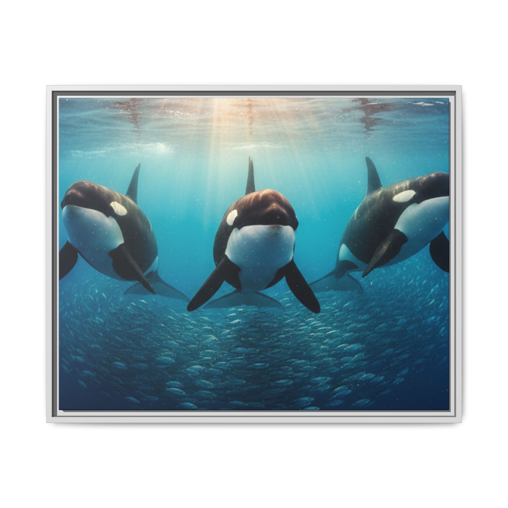 Framed Orca Canvas Print — Underwater Whale Pod Ocean Wall Art